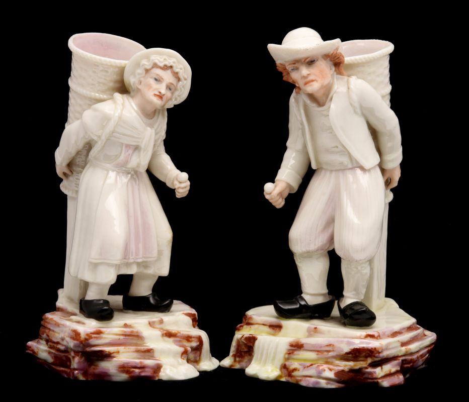 1ST BLACK MARK BELLEEK 'BELGIAN HAWKERS' FIGURINES