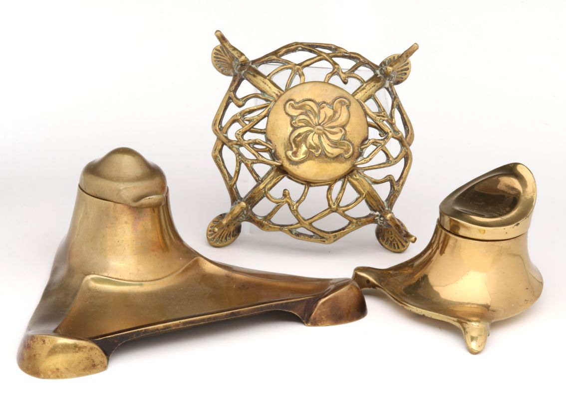 THREE CIRCA 1900 ANTIQUE BRASS INK WELLS