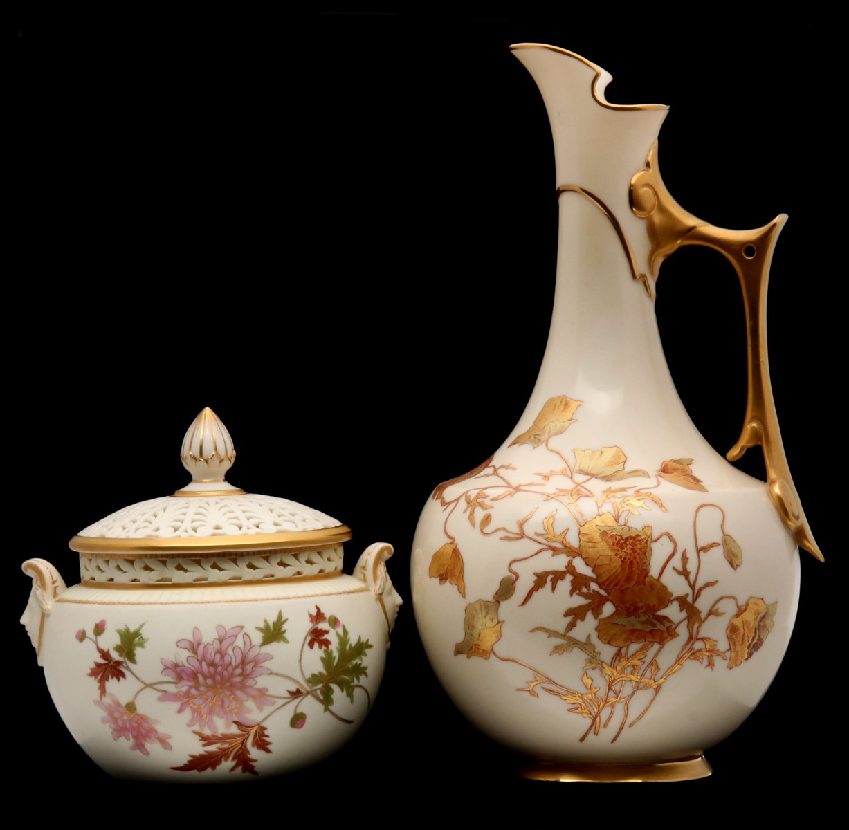 A ROYAL WORCESTER ROSE PETAL JAR WITH TALL EWER