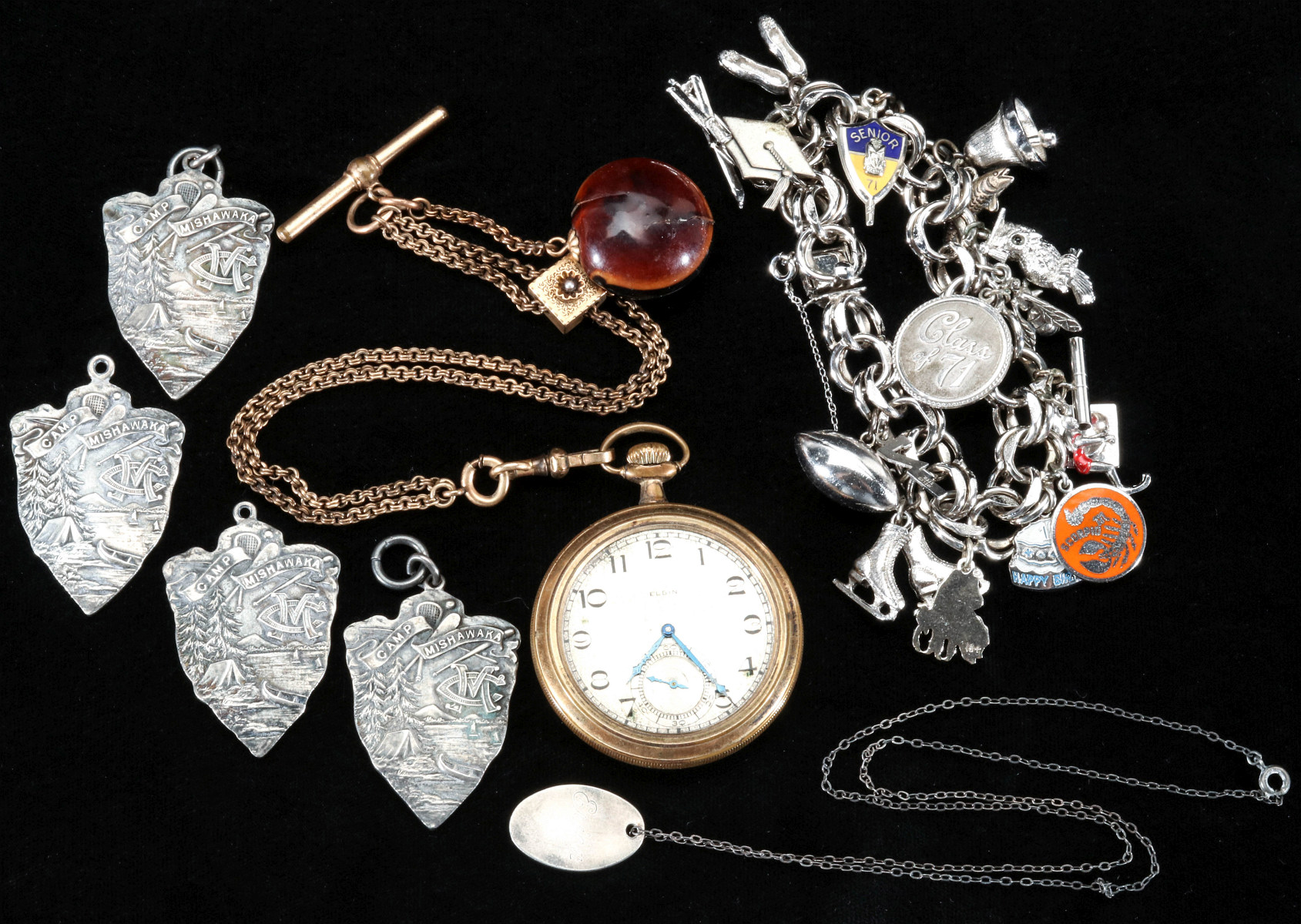 ESTATE JEWELRY, MEDALS, CHARM BRACELET, POCKET WATCH