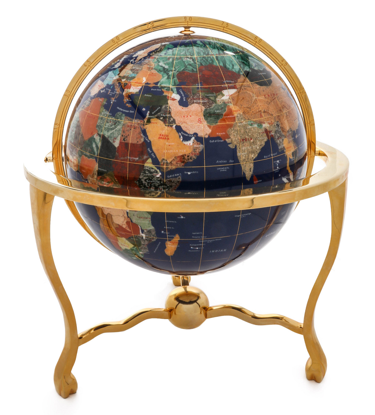 A GEMSTONE TERRESTRIAL GLOBE WITH SEMIPRECIOUS INLAYS