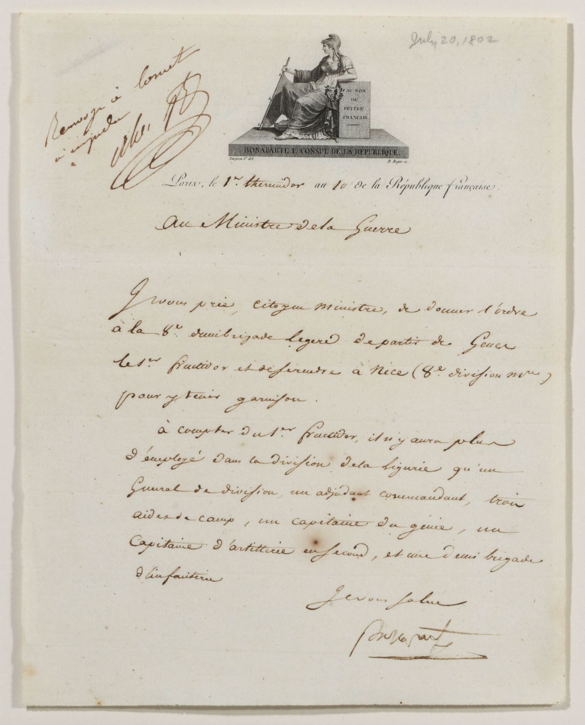 NAPOLEON BONAPARTE ALS ON ENGRAVED LETTERHEAD 1802