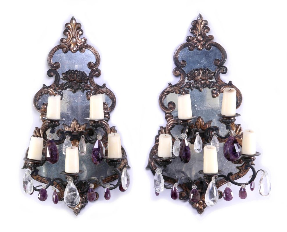 EXCEPTIONAL MIRRORED GIRANDOLE WALL SCONCE PAIR 