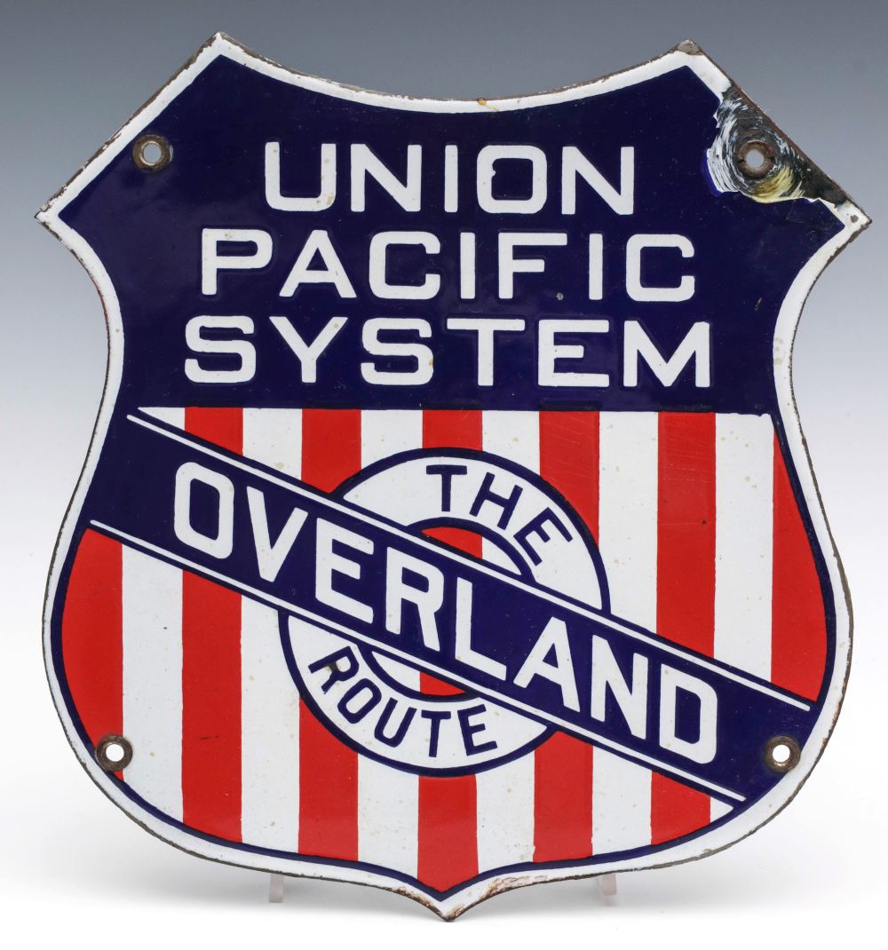 #214: A UNION PACIFIC SYSTEMS OVERLAND ROUTE PORCELAIN SIGN