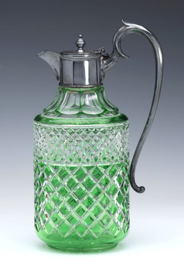 A FINE GREEN-CUT-TO-CLEAR CUT GLASS CLARET JUG 