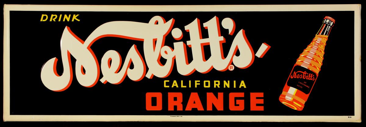 A BRILLIANT HIGH GRADE NESBITT'S ORANGE SODA TIN SIGN