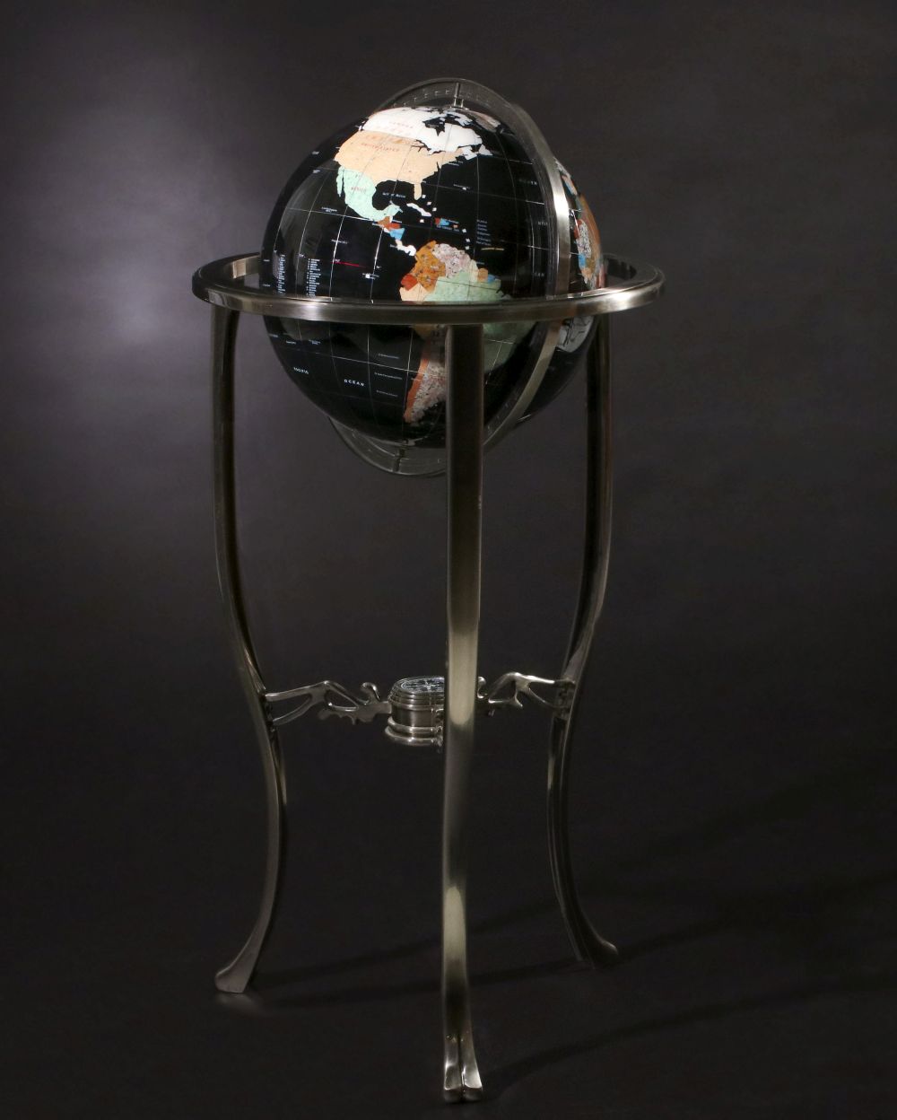 A GEMSTONE TERRESTRIAL GLOBE WITH SEMIPRECIOUS INLAYS