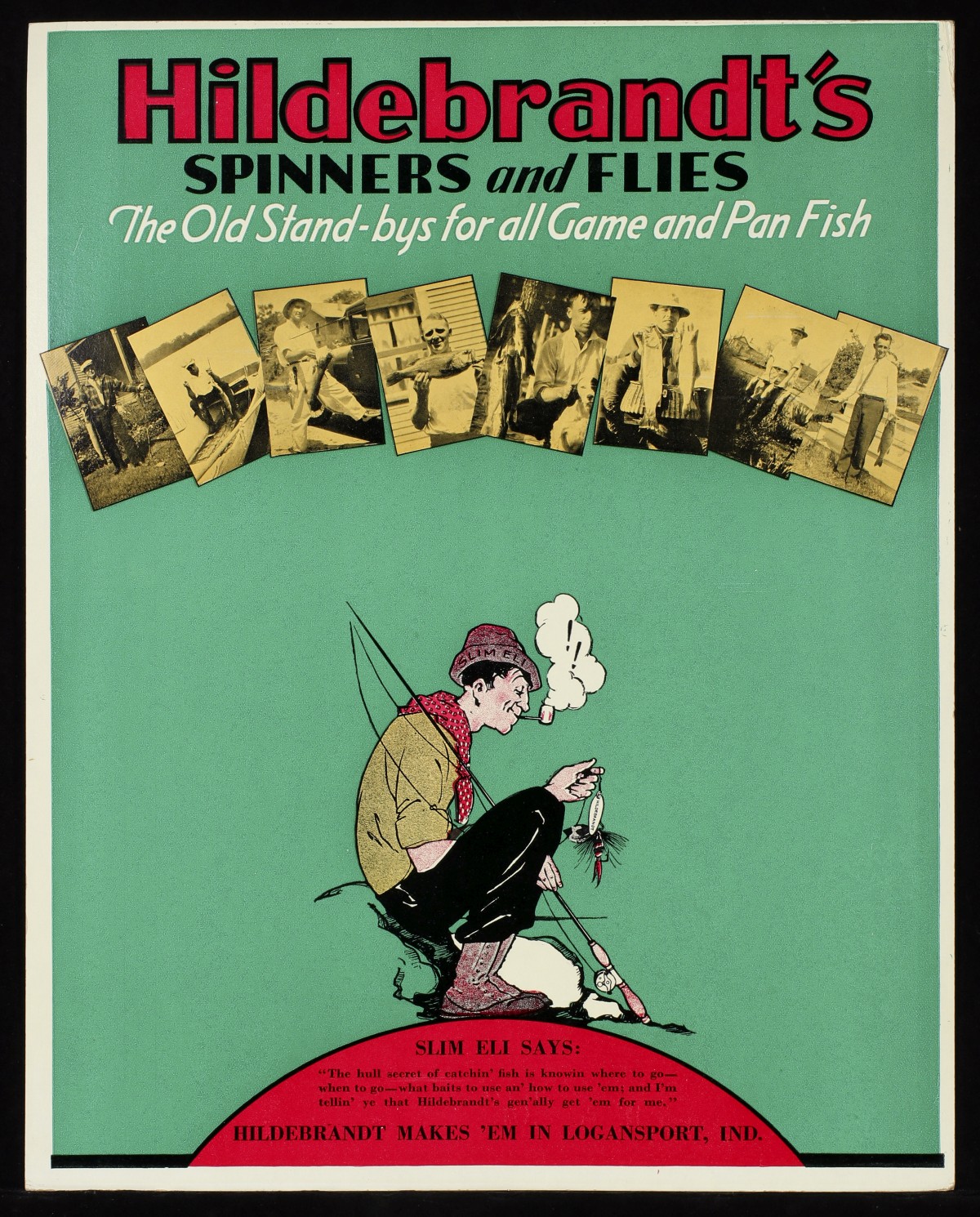 A VINTAGE HILDEBRANDTS FISHING SPINNERS AND FLIES SIGN