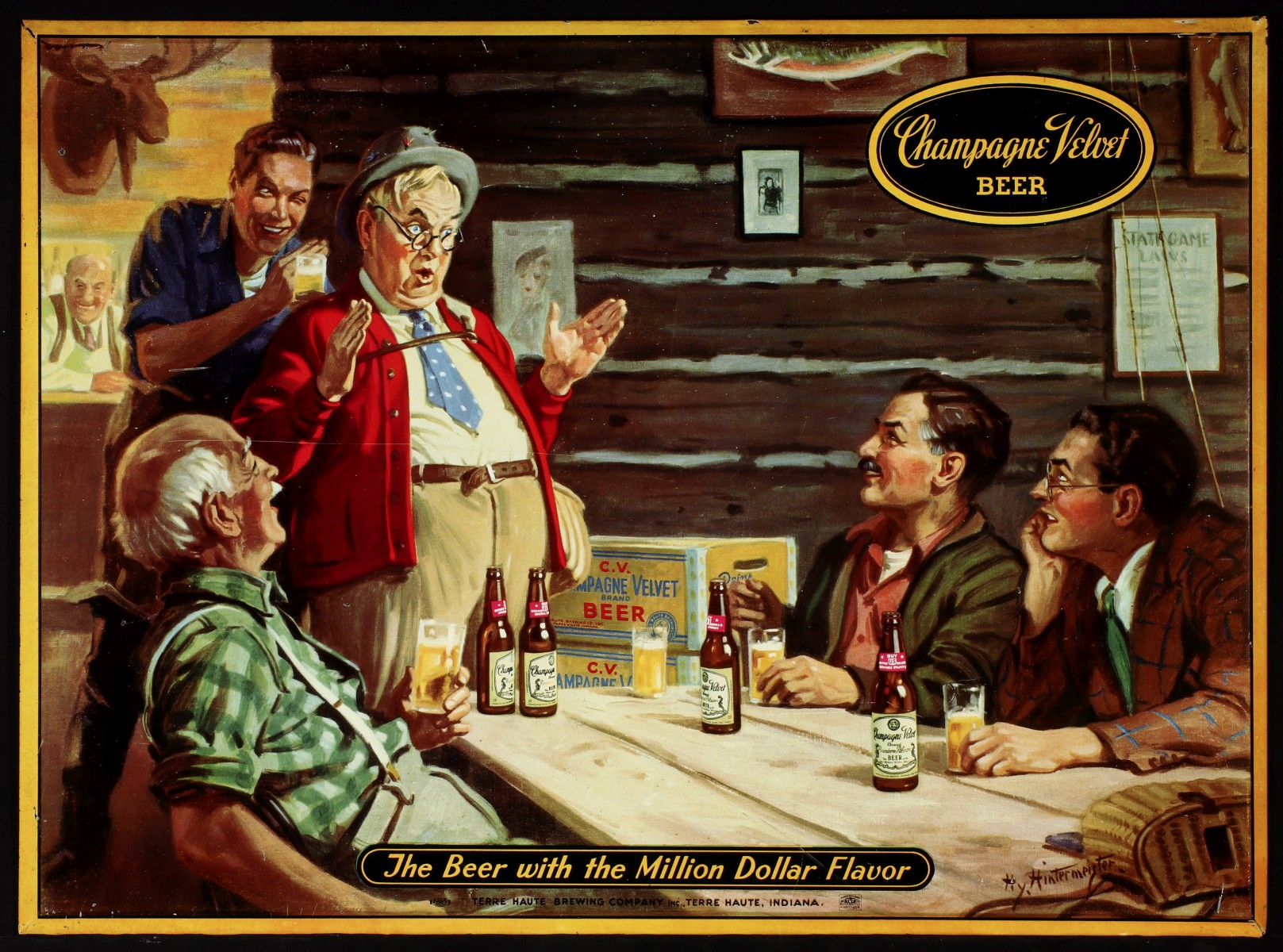 A CHAMPAGNE VELVET BEER ADVERTISING SIGN WITH FISHERMEN