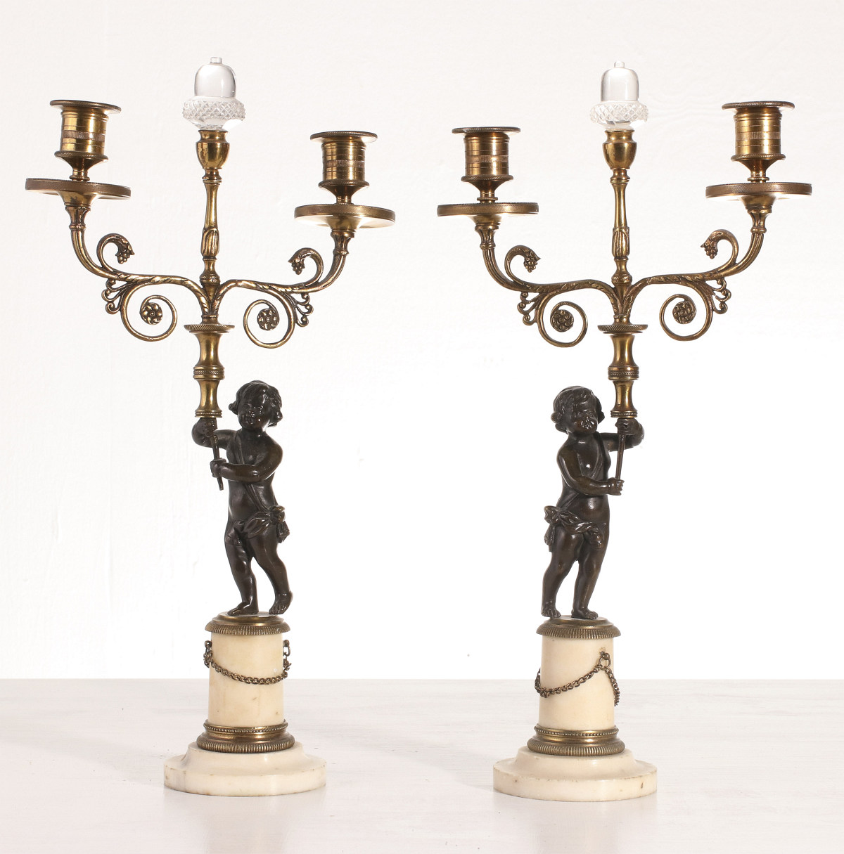 FINE PARCEL GILT BRONZE ROCK CRYSTAL CHERUB CANDELABRA