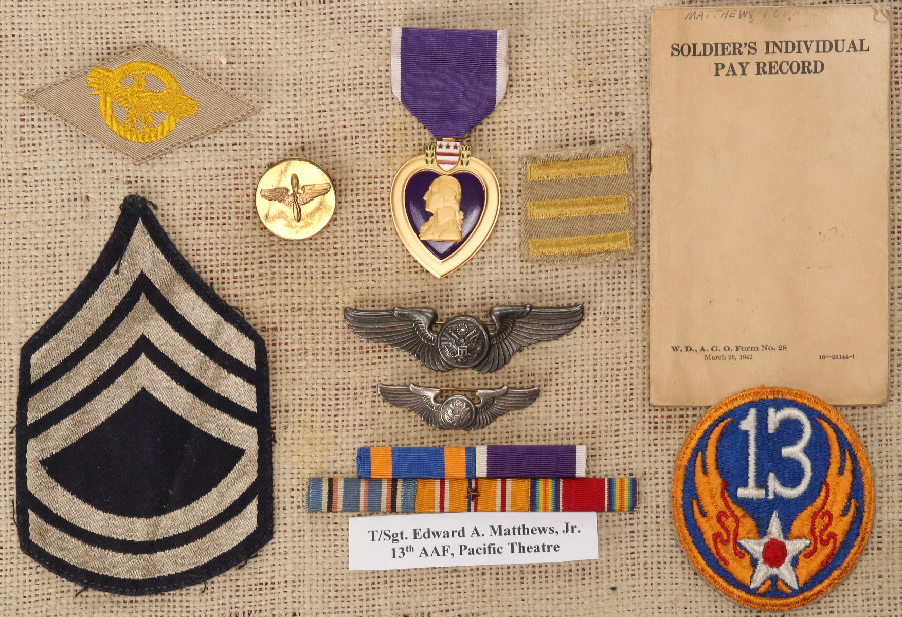 AAF PURPLE HEART, WINGS, SSI, MORE FOR SGT MATTHEWS