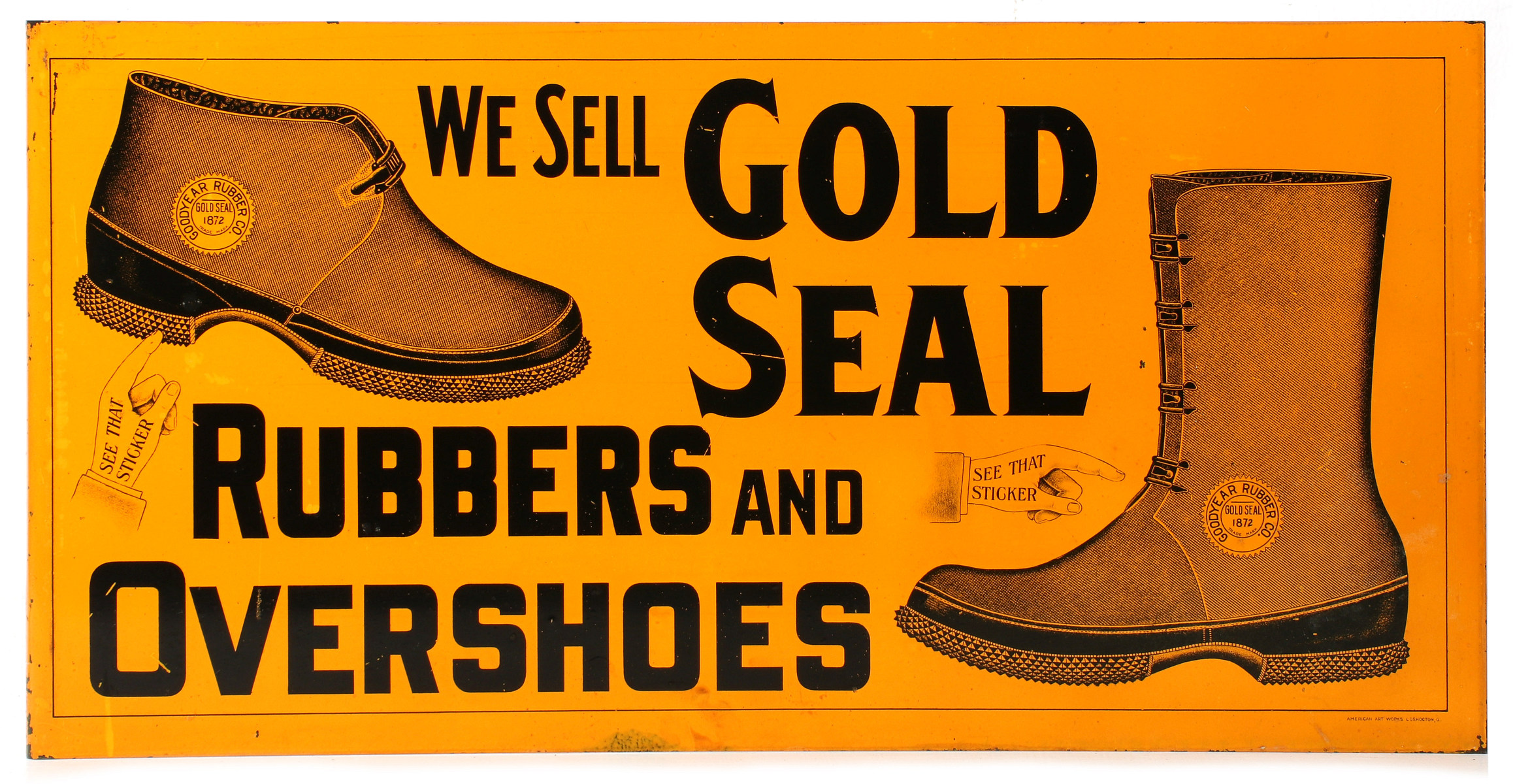 GOLD SEAL GOODYEAR SHOES PAINTED TIN FLANGE SIGN