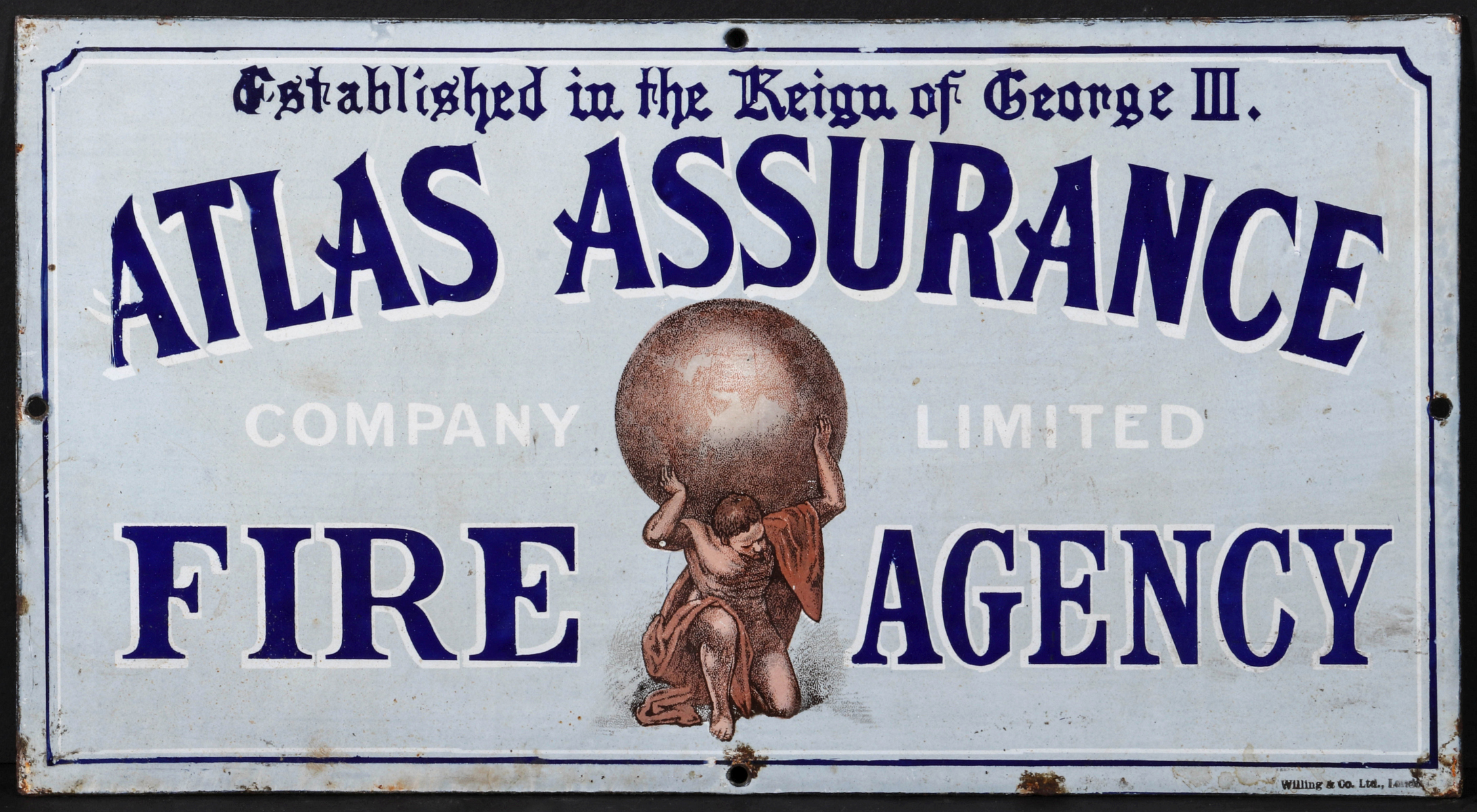 A PORCELAIN ENAMEL SIGN FOR ATLAS ASSURANCE FIRE AGENCY