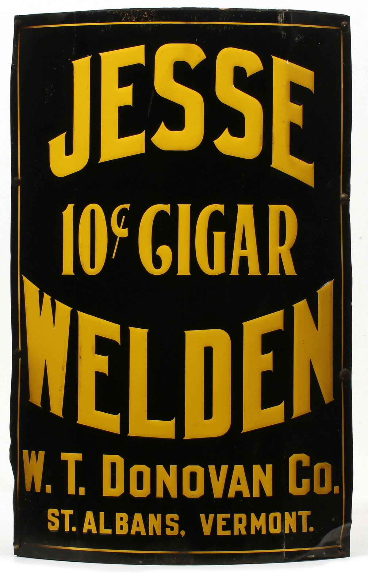 A JESSE WALDEN 10c CIGAR EMBOSSED TIN CORNER SIGN