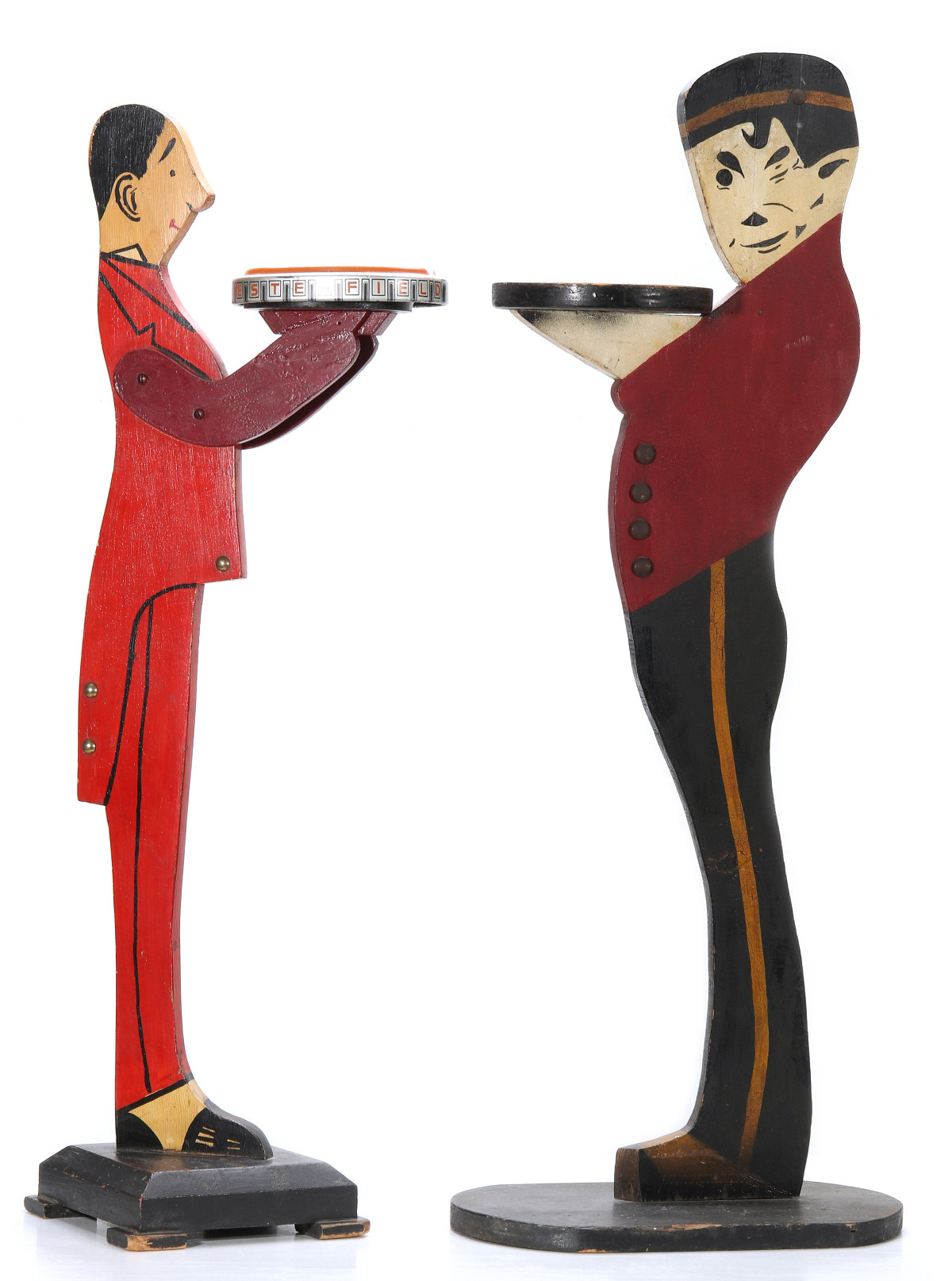 FOLK ART BUTLER AND BELLHOP STANDING ASH RECEIVERS