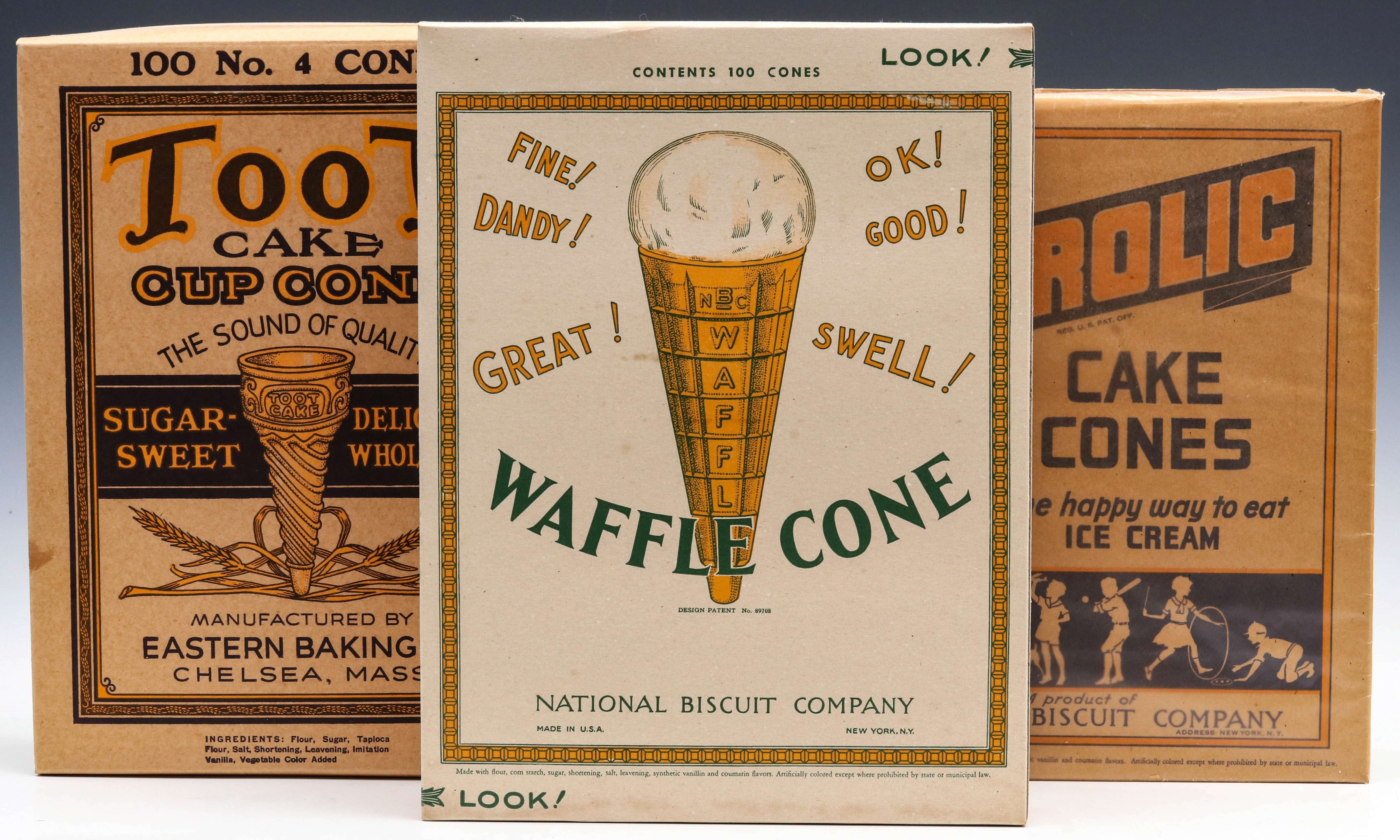 THREE UNUSED BOXES SODA FOUNTAIN CAKE CONE ADVERTISING
