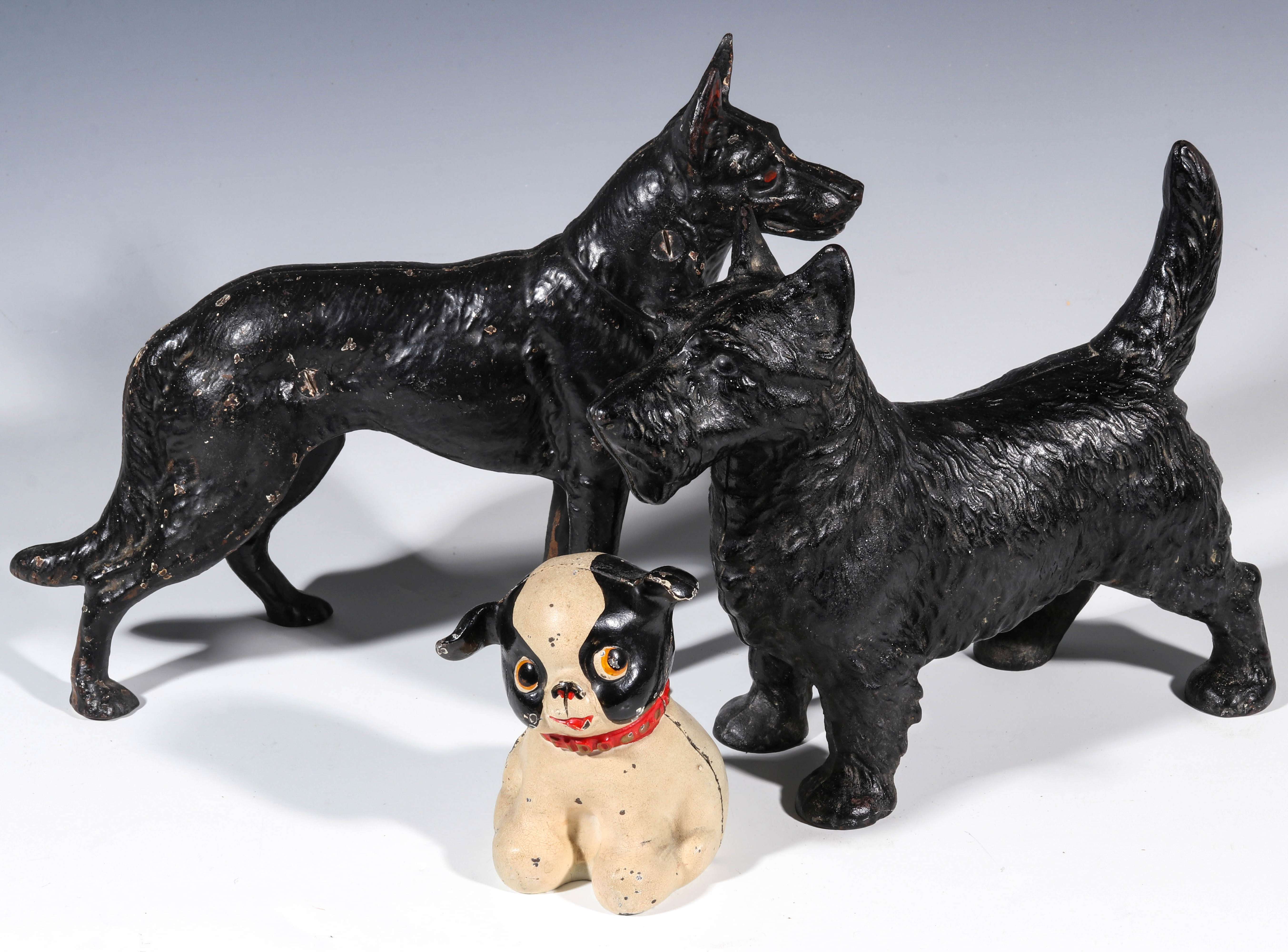 THREE GOOD HUBLEY CAST IRON DOG FIGURAL DOORSTOPS