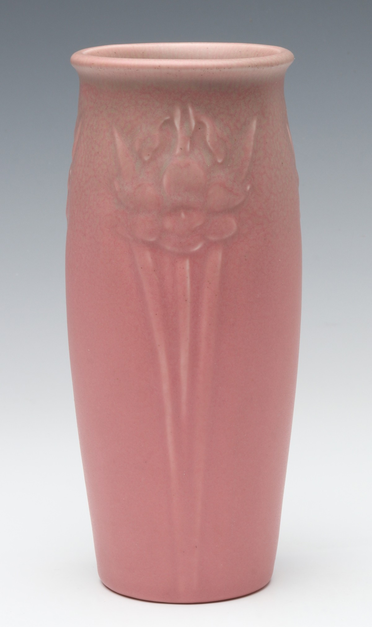 A CARVED ROOKWOOD ART POTTERY VASE IN PINK MATTE GLAZE