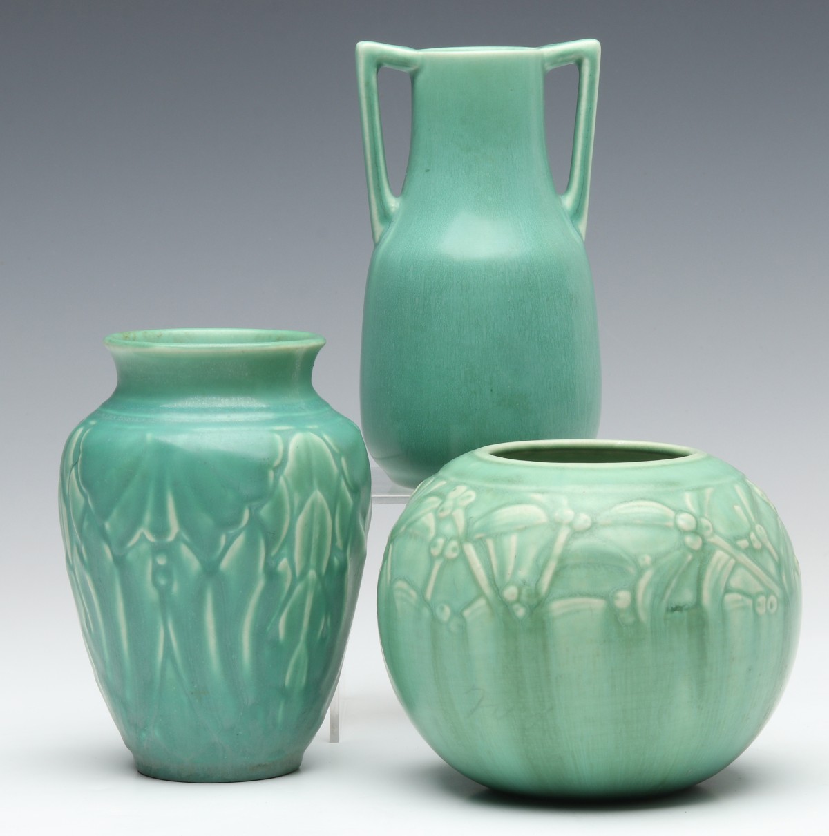 ROOKWOOD ART POTTERY VASES IN LIGHT GREEN MATTE GLAZE