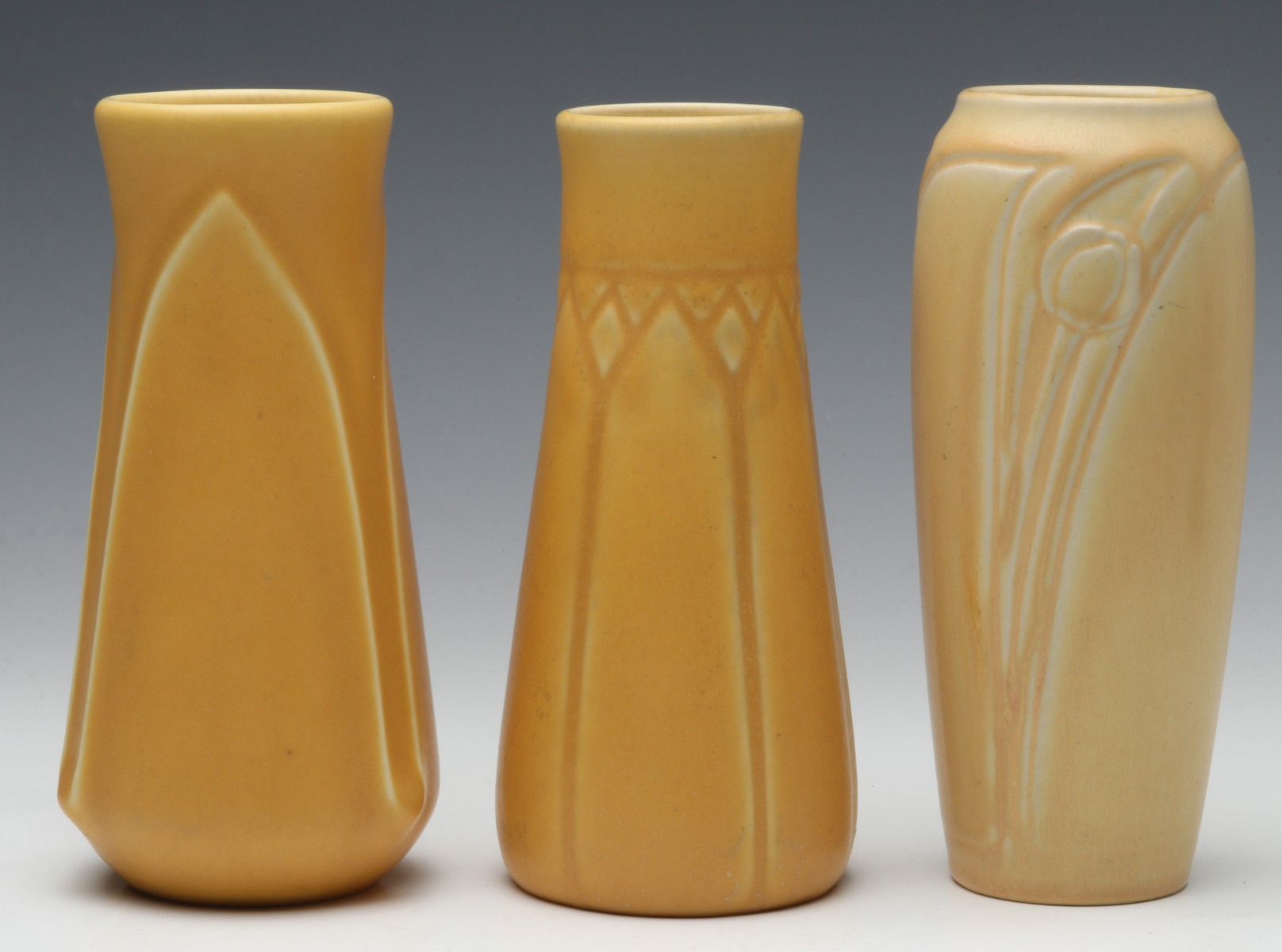 THREE CARVED ROOKWOOD ART POTTERY VASES CIRCA 1920s