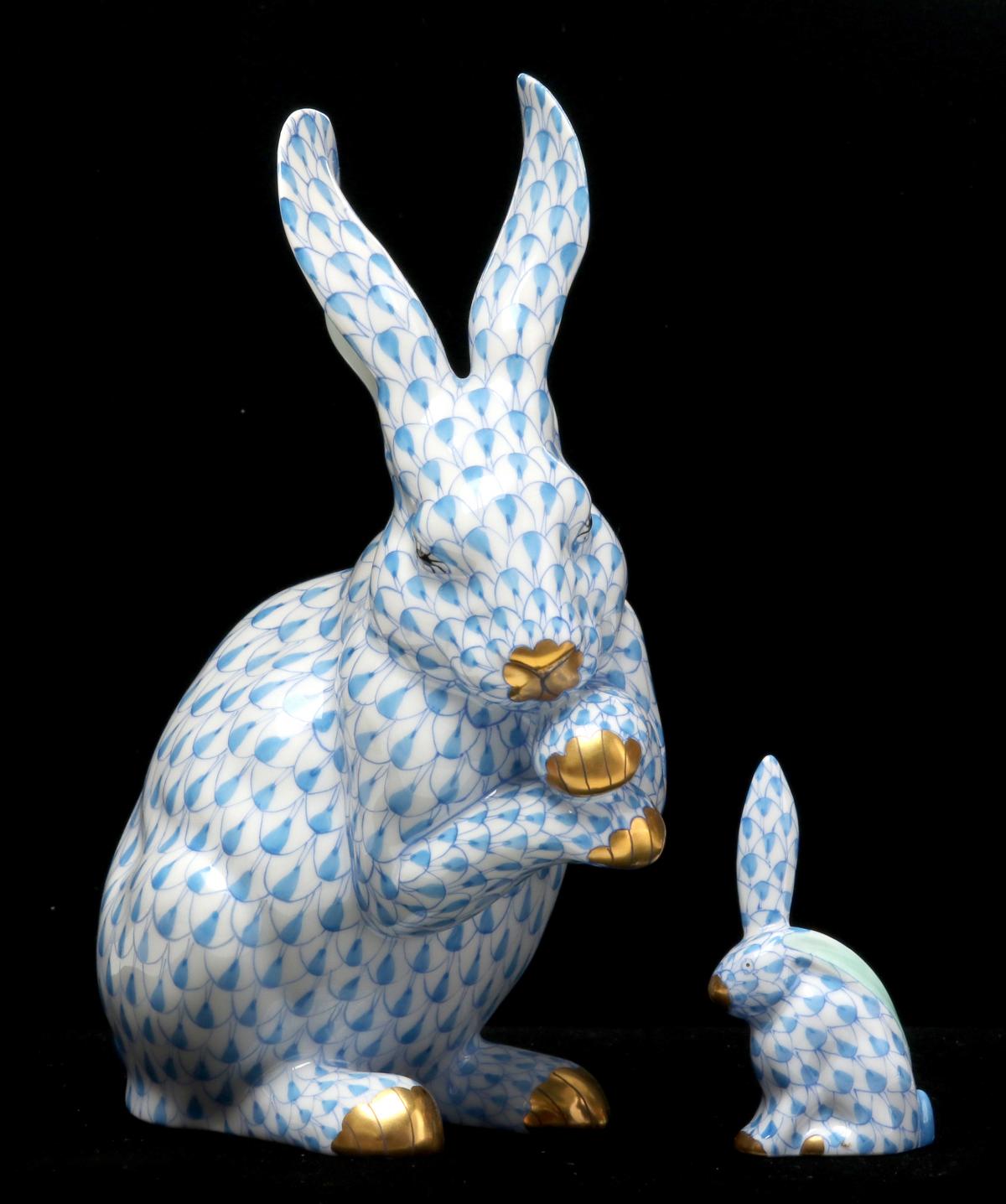 TWO HEREND BLUE FISHNET PORCELAIN RABBITS