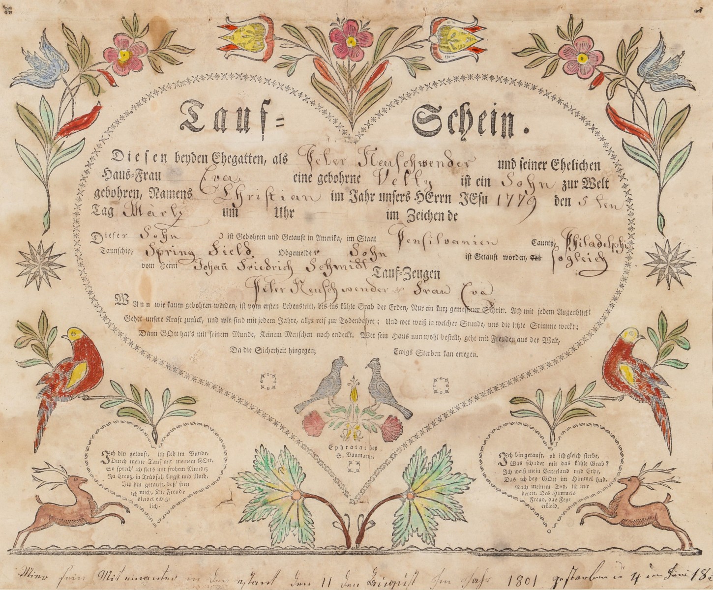 A 1779 SPRINGFIELD PENNSYLVANIA HAND COLORED FRAKTUR