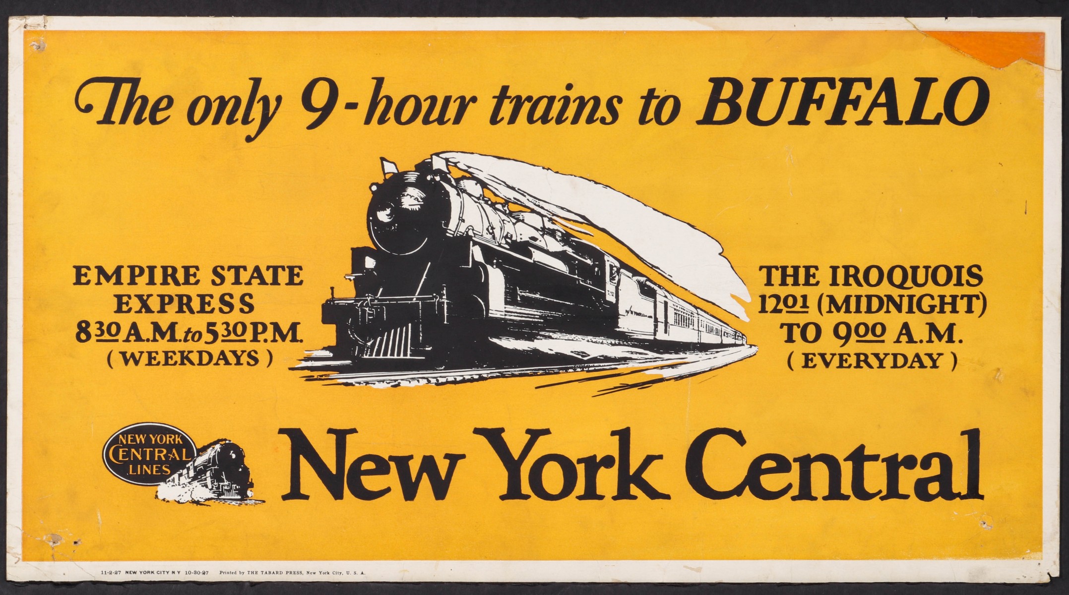 A NEW YORK CENTRAL 9-HOUR TRAINS TROLLEY SIGN