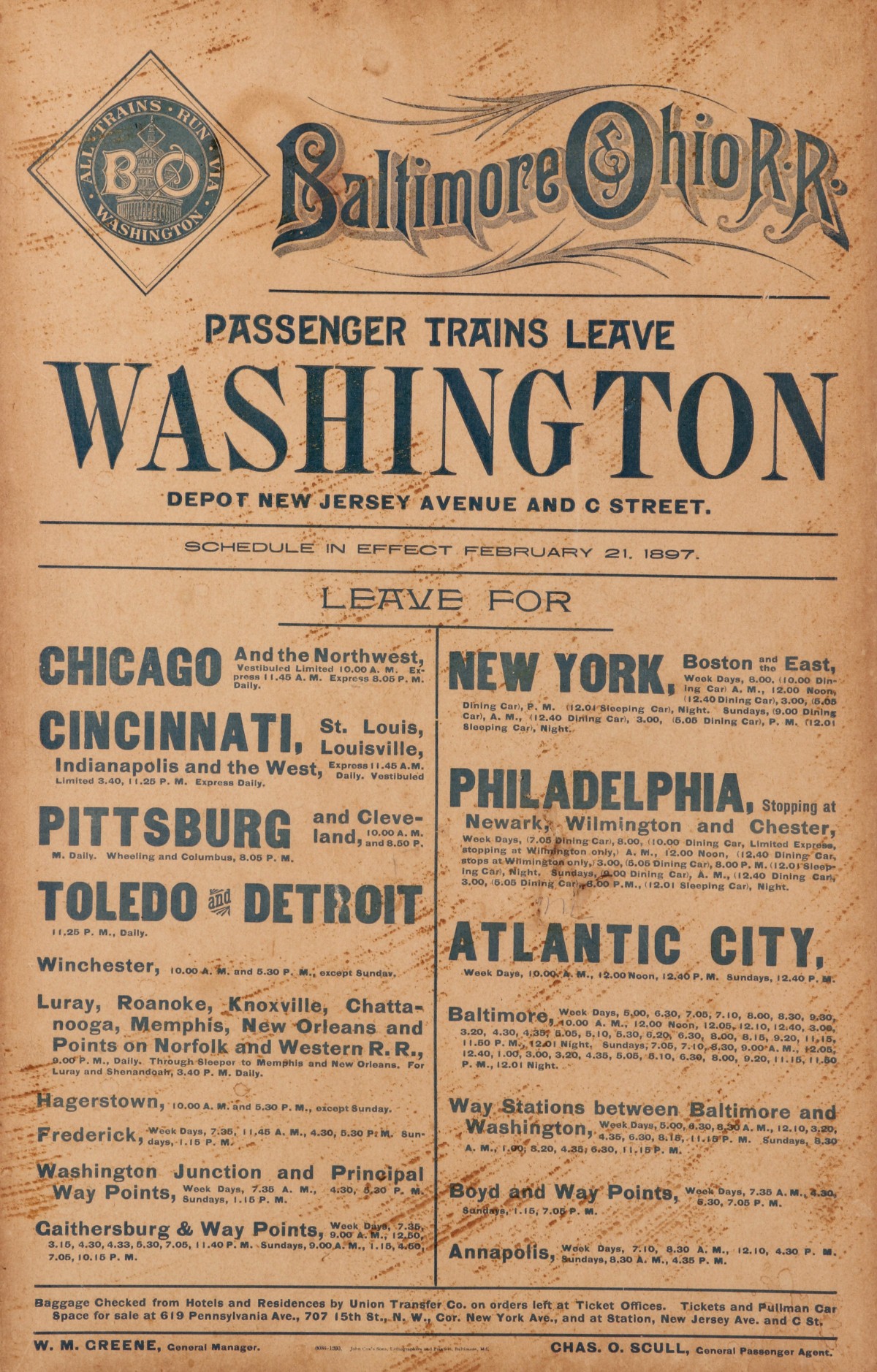 A B&O RAILROAD TIMETABLE BROADSIDE DATED 1897