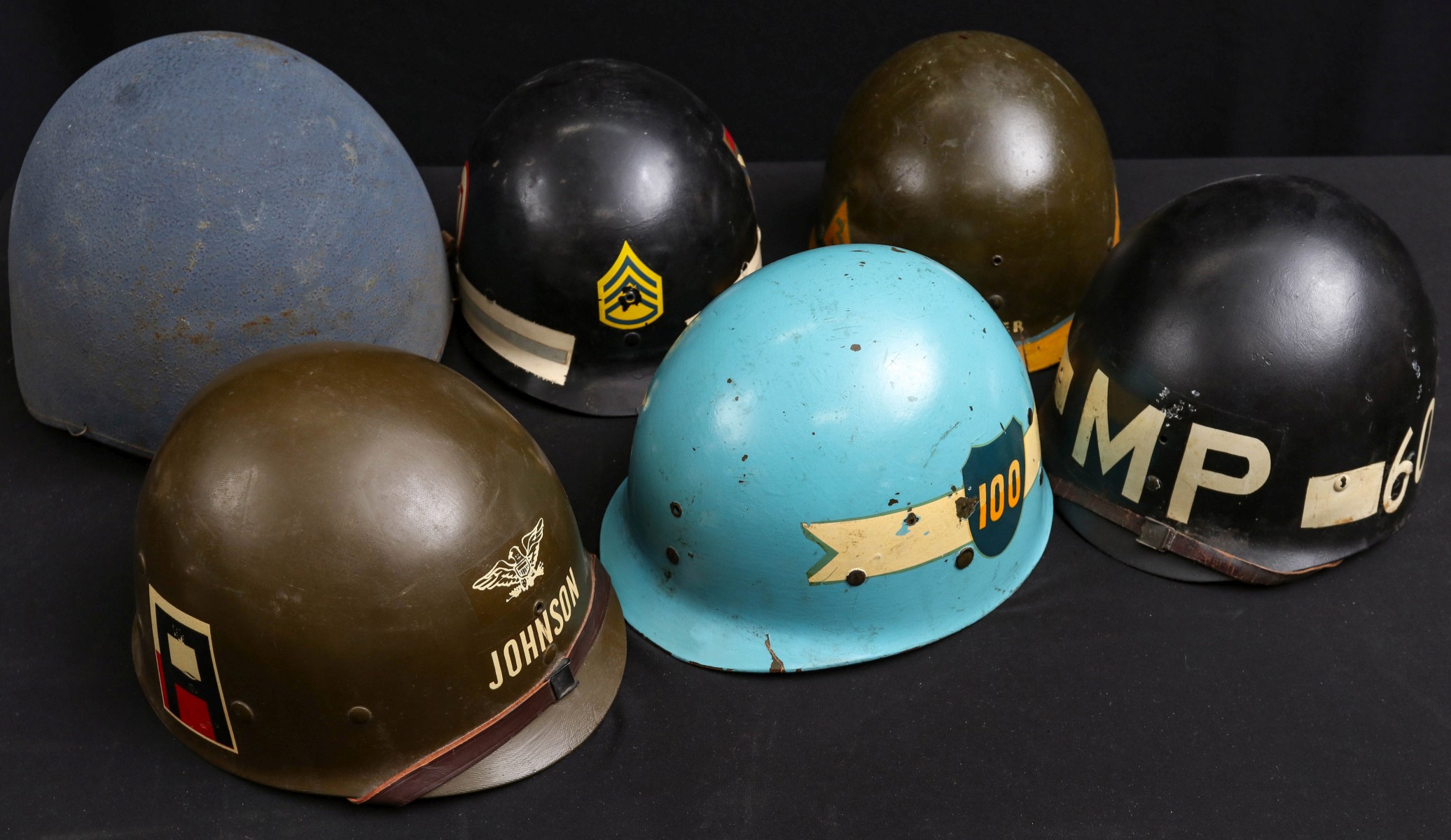 #543: SIX US MILITARY WORLD WAR II HELMETS AND LINERS