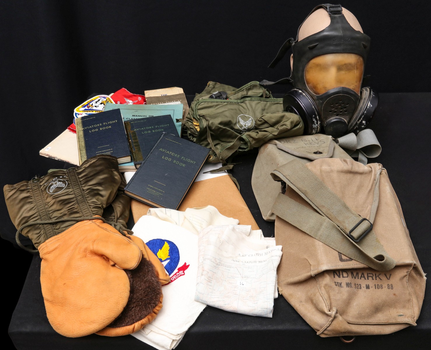 BOMBER CREW GLOVES, SILK MAPS, MASK, GEAR, NAMED LOGS