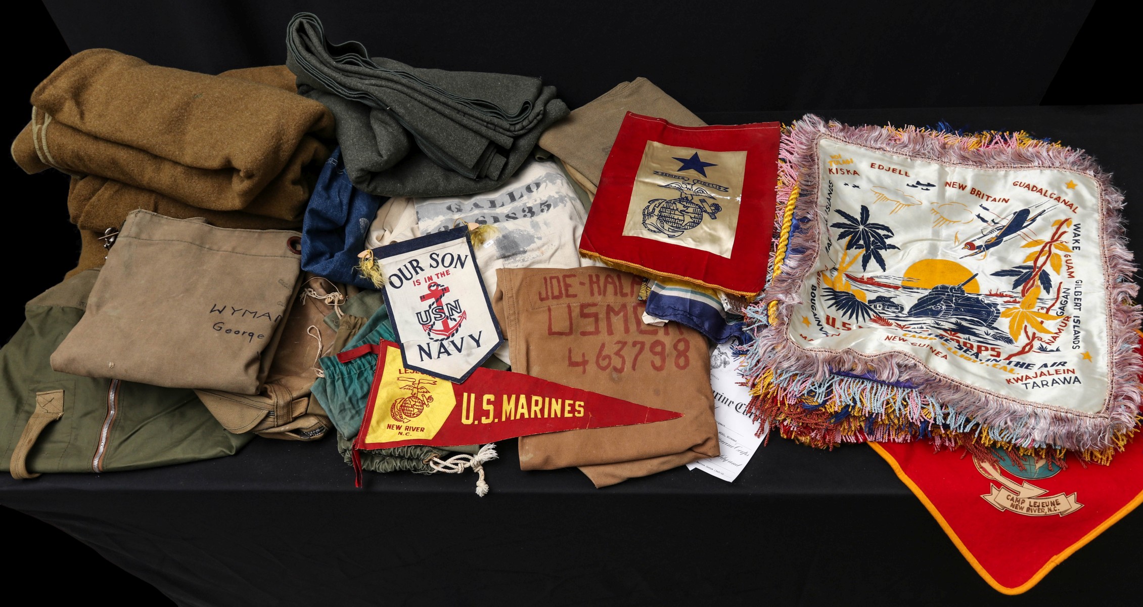 NAVY AND MARINE ITEMS INCL PILLOW SHAM NAMING BATTLES