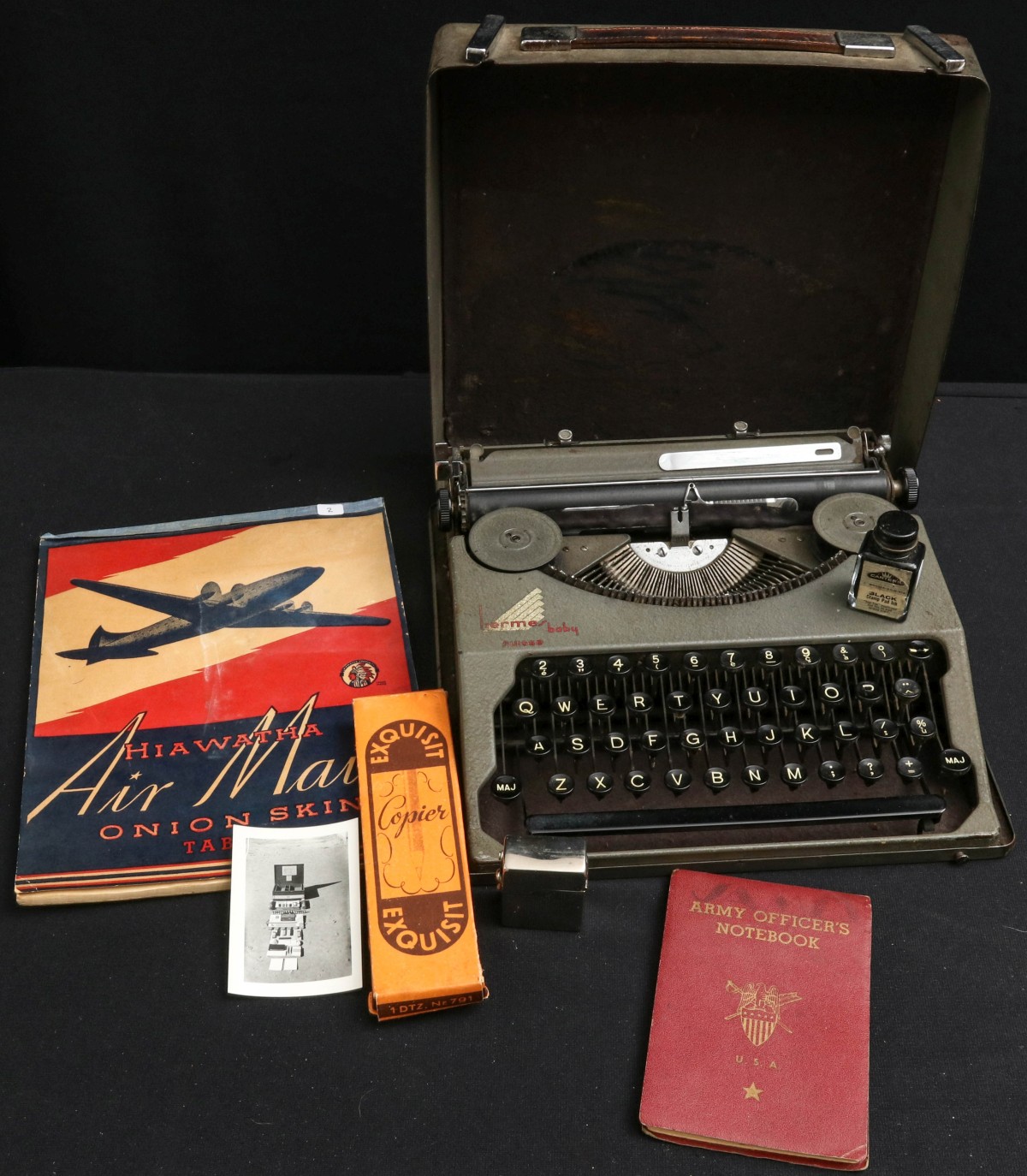 WWII HERMES BABY TYPEWRITER, OFFICER'S NOTEBOOK, ETC