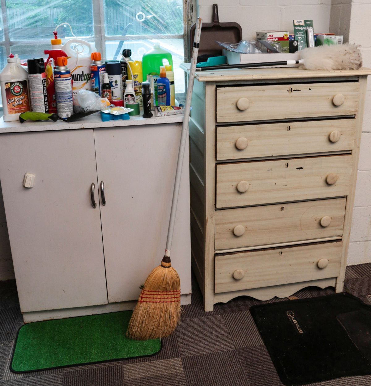 PAINTED CHEST OF DRAWERS, CABINET, HOUSEHOLD CLEANERS