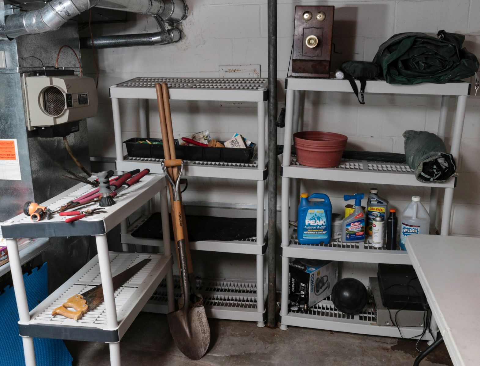 THREE PLASTIC SHELVES WITH TOOLS, ETC.