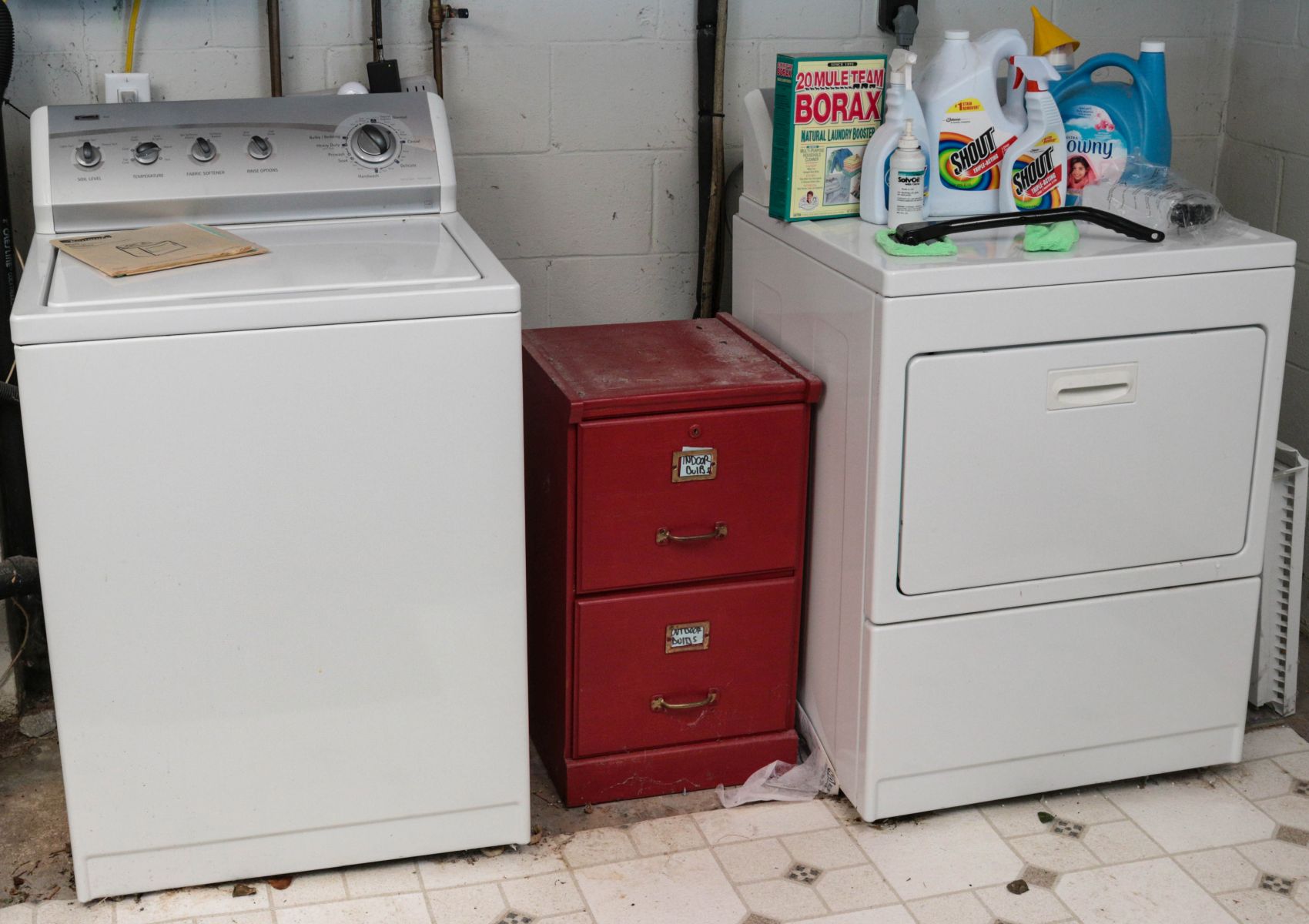 WASHER/DRYER PAIR, PAINTED FILE CABINET, CLEANERS