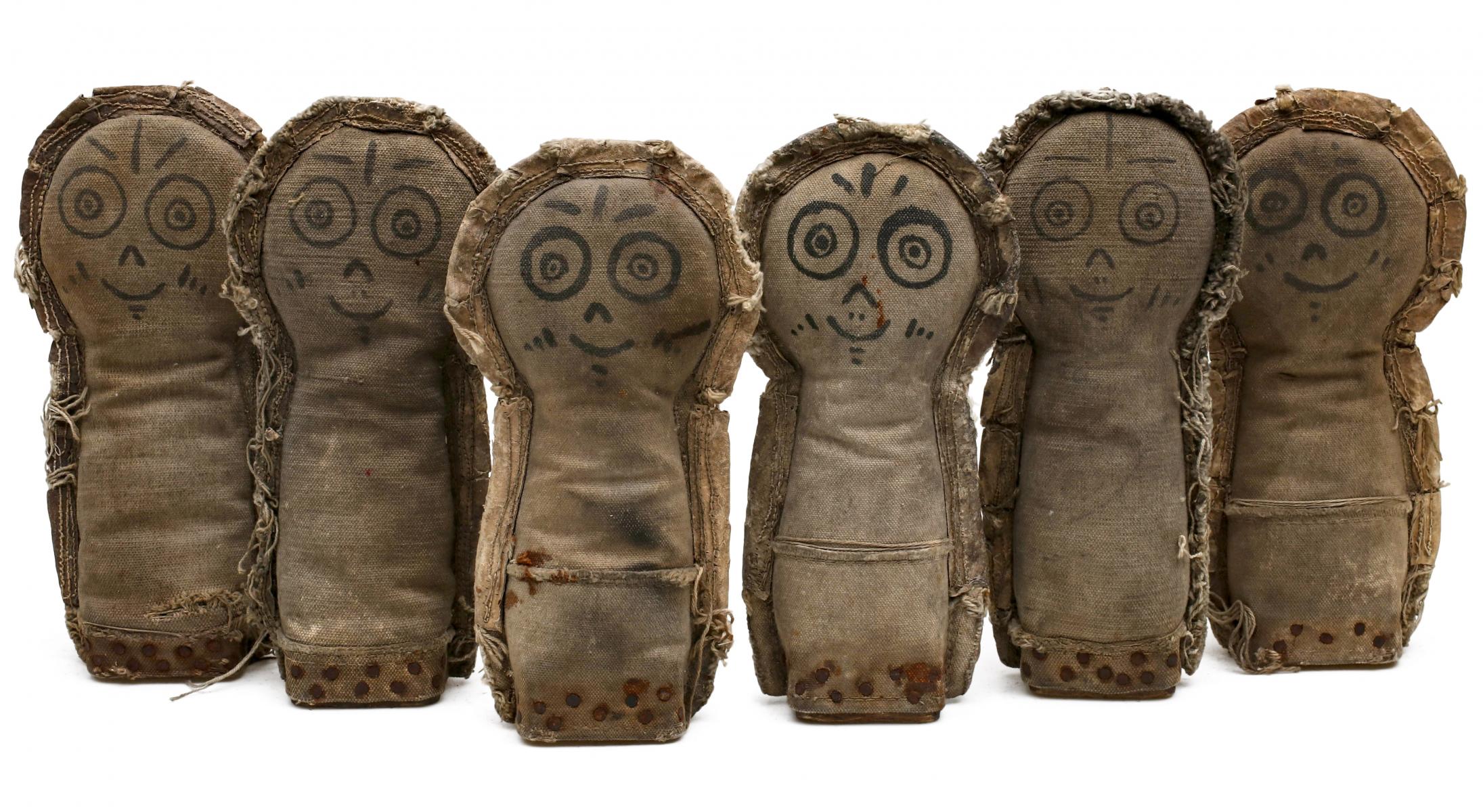 A SET OF SIX MATCHING CARNIVAL KNOCKDOWN DOLLS C. 1930