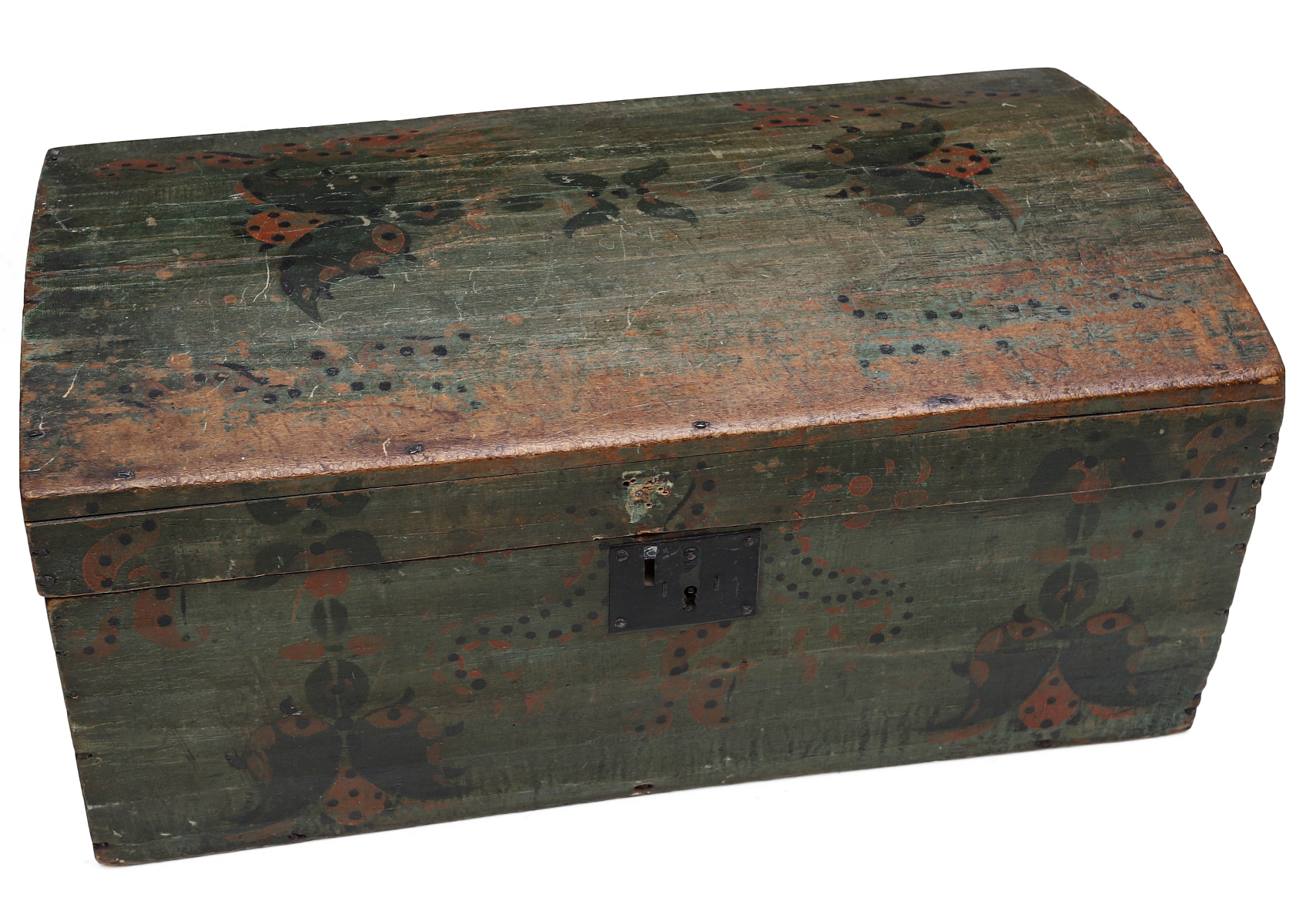 A 19TH CENTURY PAINT DECORATED DOME TOP STORAGE CHEST