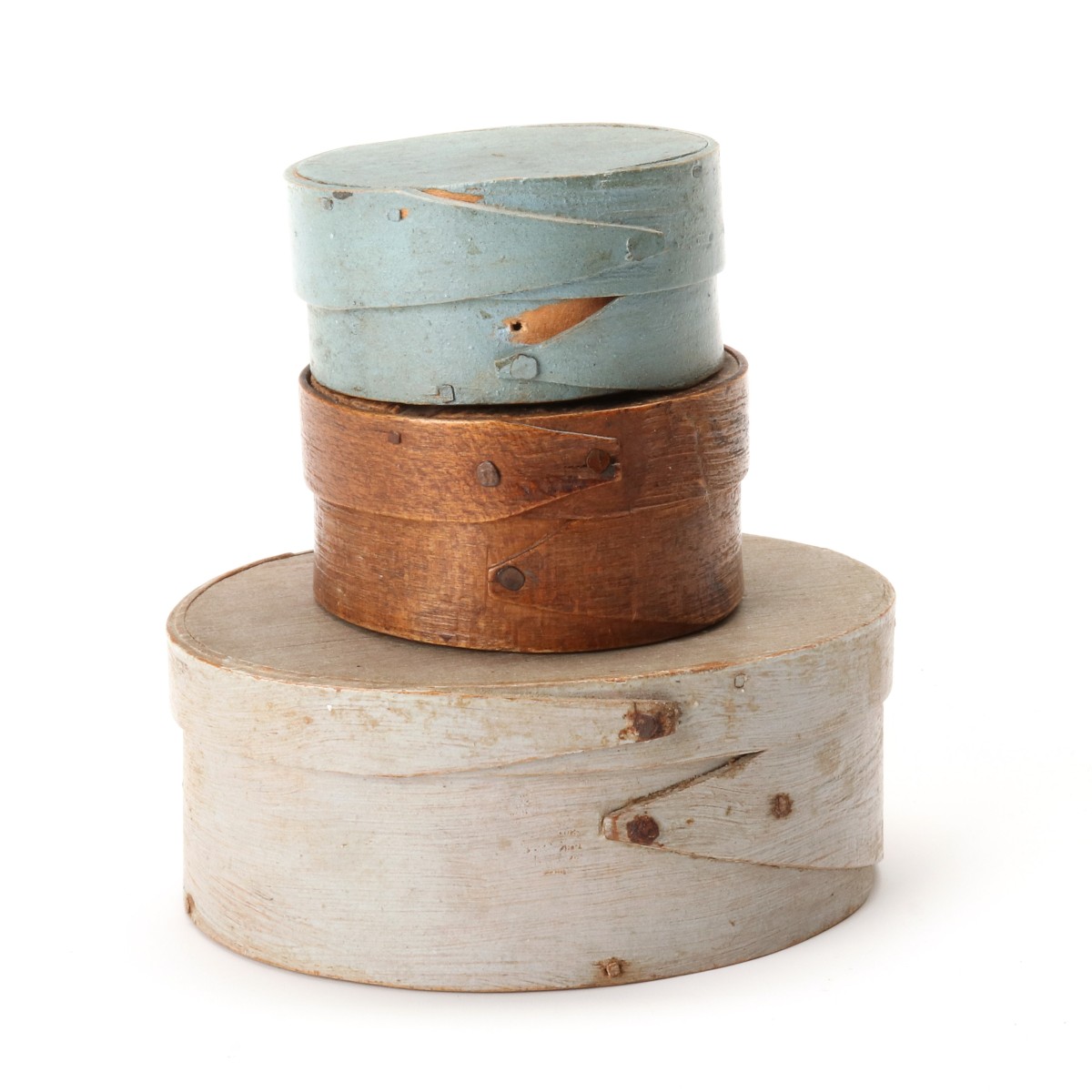 THREE 19TH CENTURY BENTWOOD STORAGE BOXES IN OLD PAINT