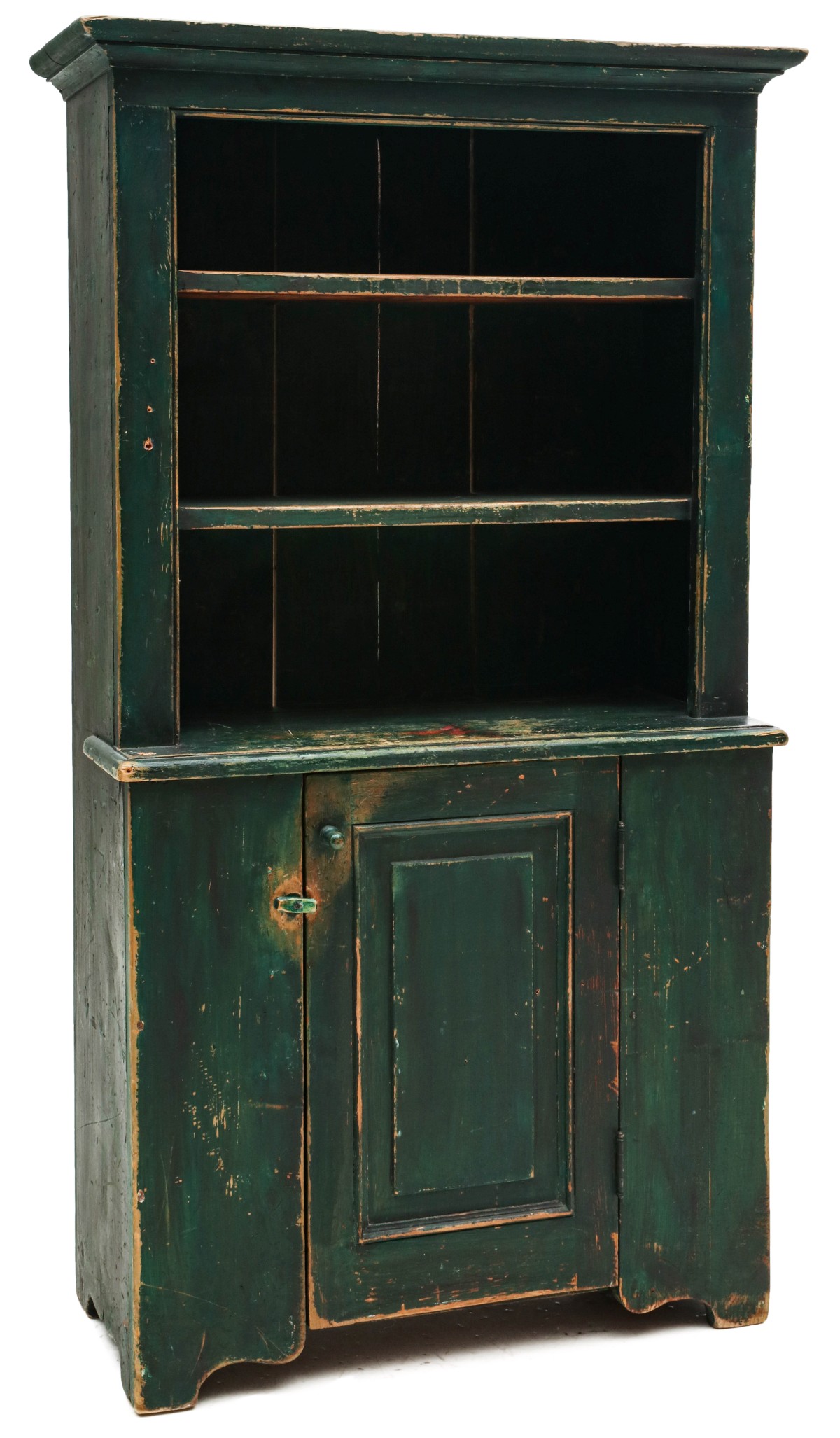 AN EARLY 19C CHILD'S OPEN CUPBOARD IN OLD GREEN PAINT