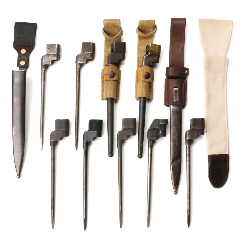 NINE BRITISH ENFIELD BAYONETS, KRAG SCABBARD, MORE