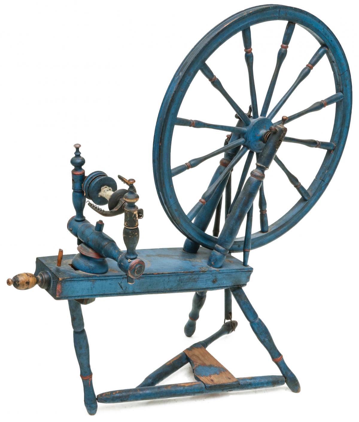 A 19TH CENTURY SPINNING WHEEL IN ORIGINAL BLUE PAINT