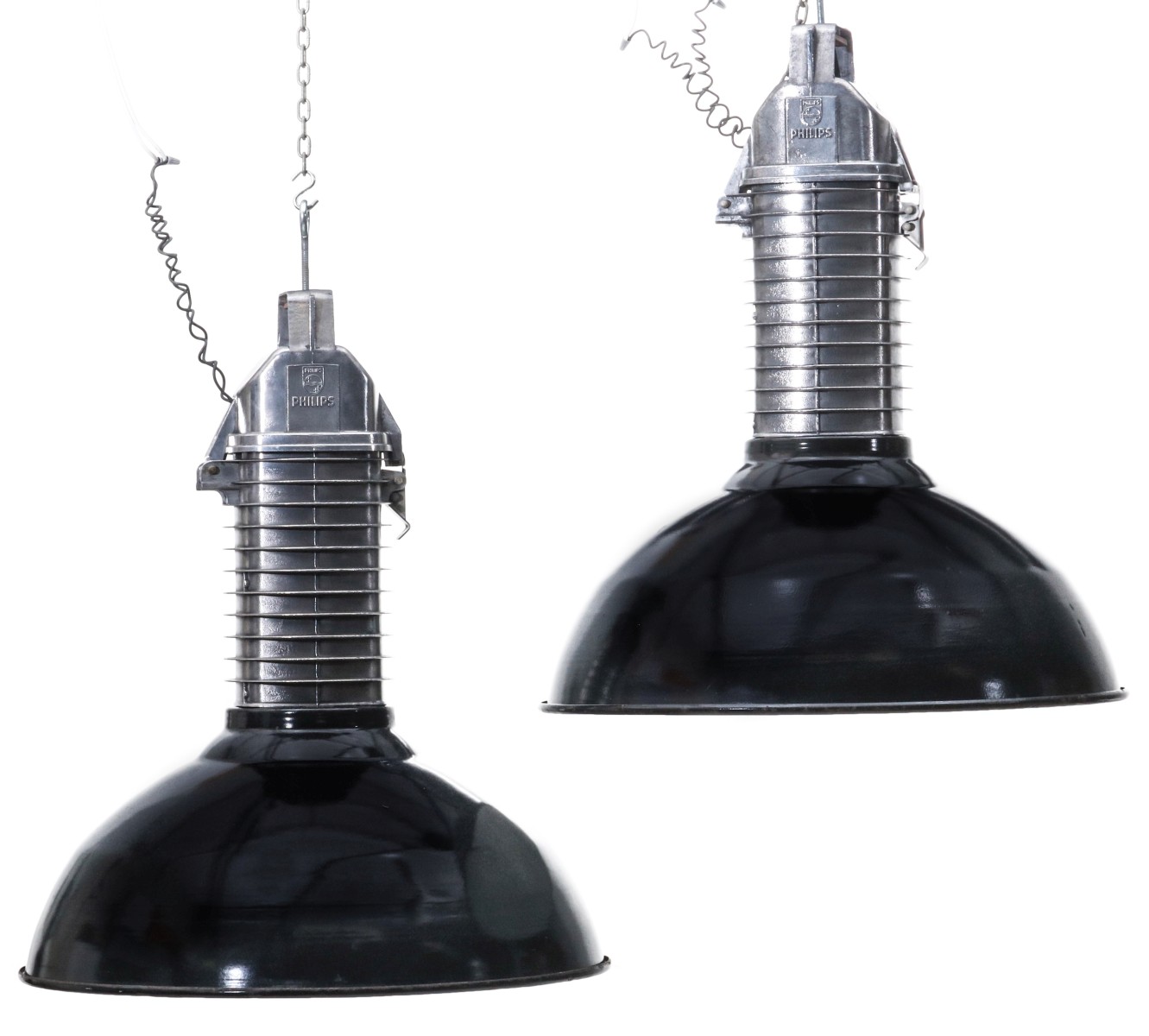 A PAIR LARGE PHILLIPS INDUSTRIAL DESIGN PENDANT LIGHTS