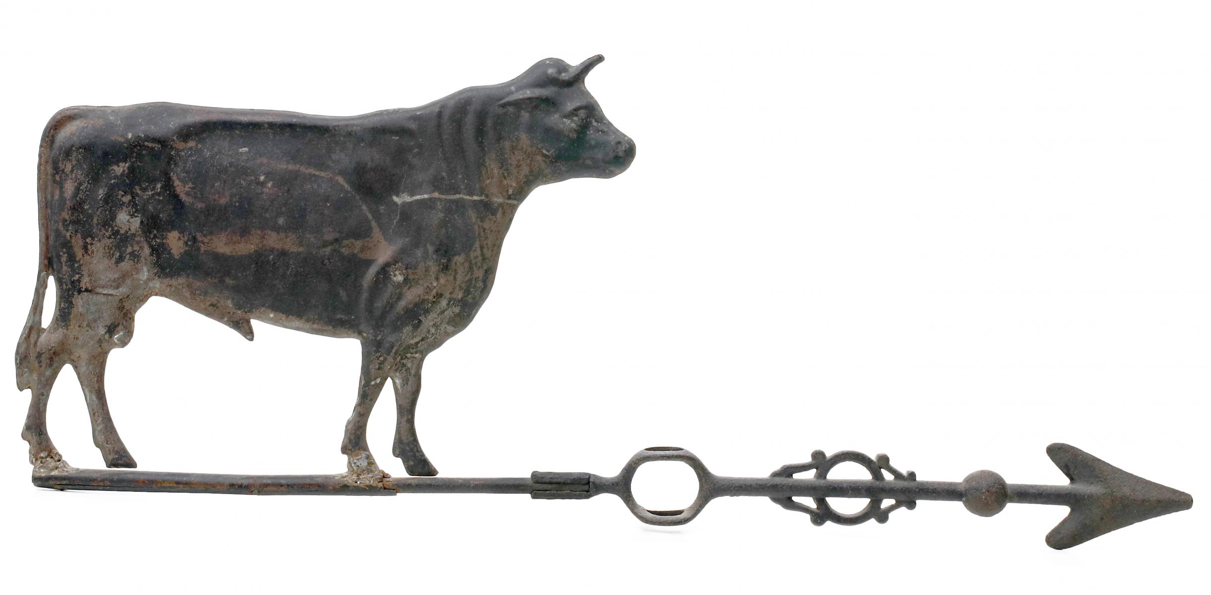 A FIGURAL COPPER BULL LIGHTNING ROD WEATHER VANE