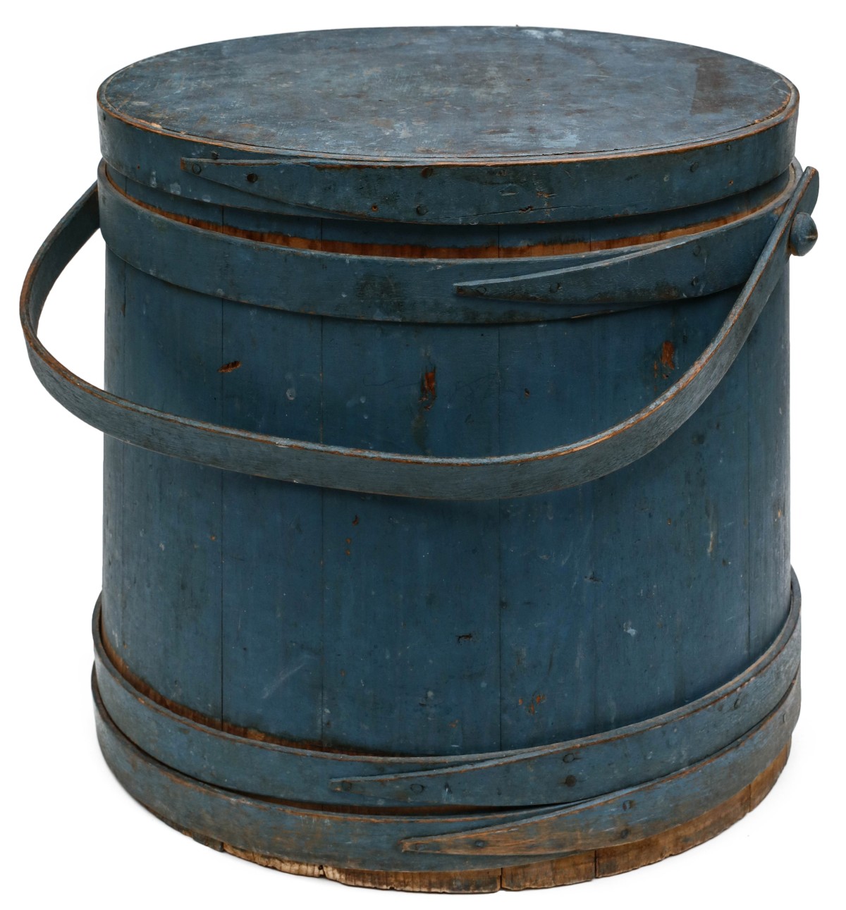 A 19TH CENTURY FIRKIN IN ORIGINAL BLUE MILK PAINT