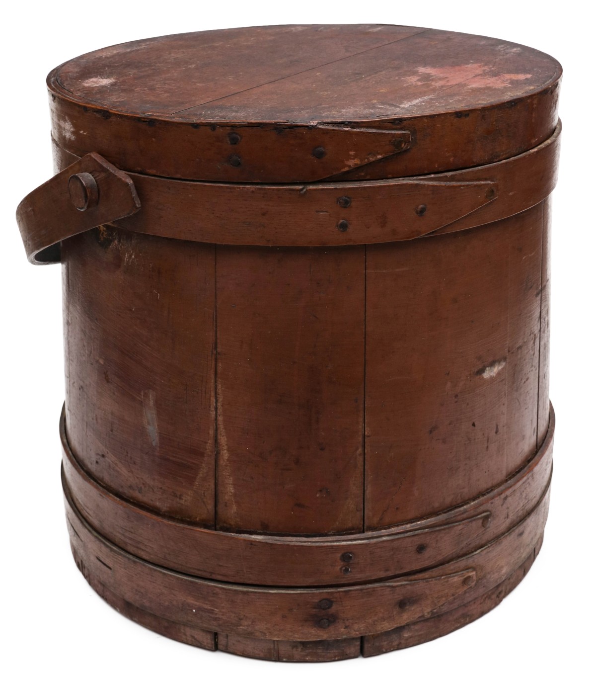 A LARGE 19TH C. FIRKIN IN OLD DARKENED SALMON PAINT