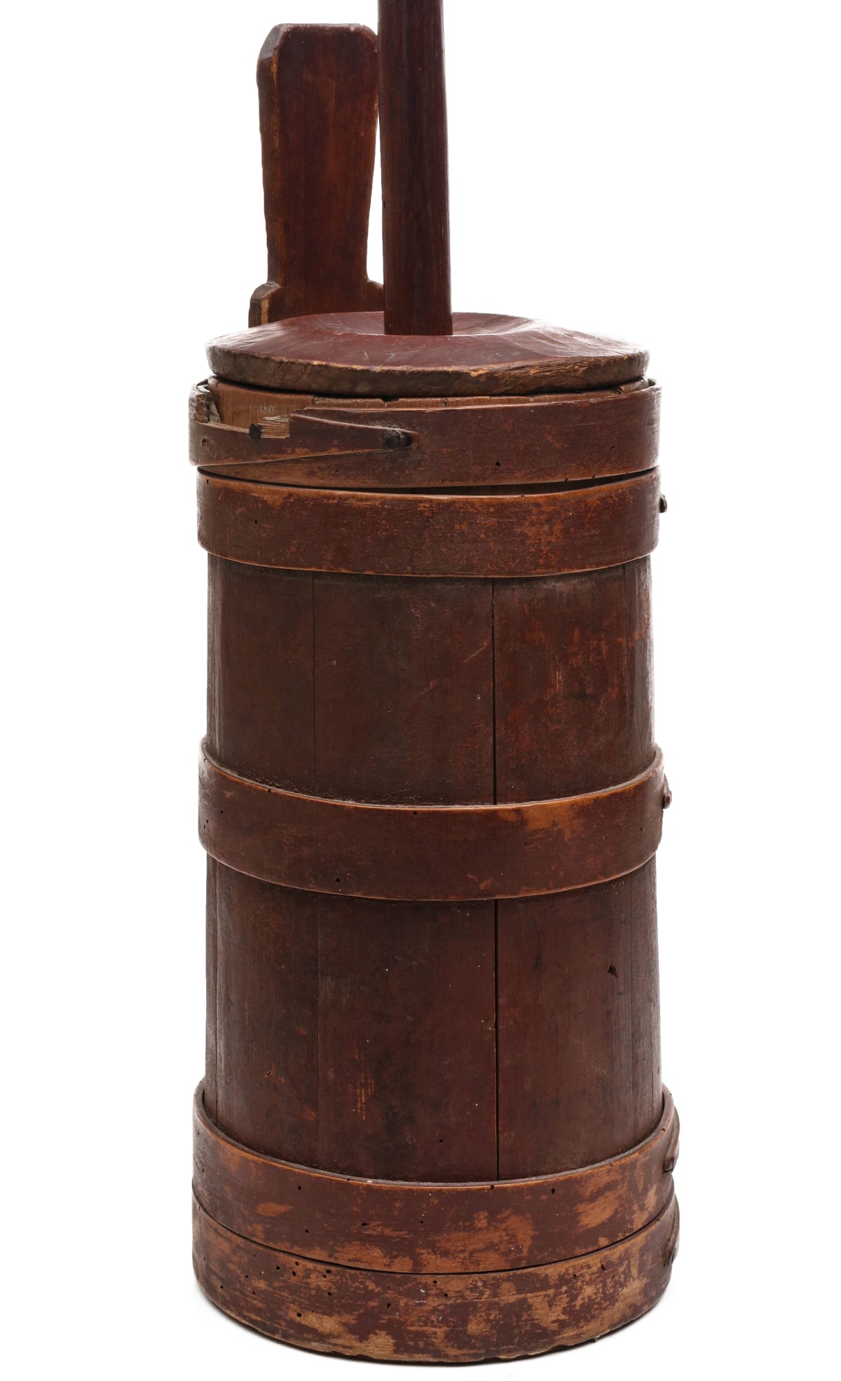 A 19TH C. SHAKER TYPE PIGGIN CHURN IN OLD RED PAINT