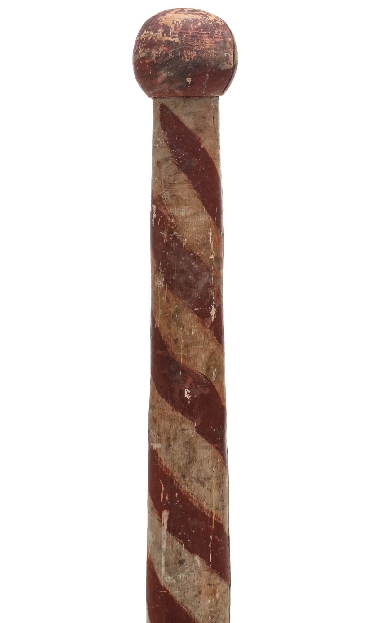 A PRIMITIVE RED AND WHITE UPRIGHT BARBER POLE C. 1900