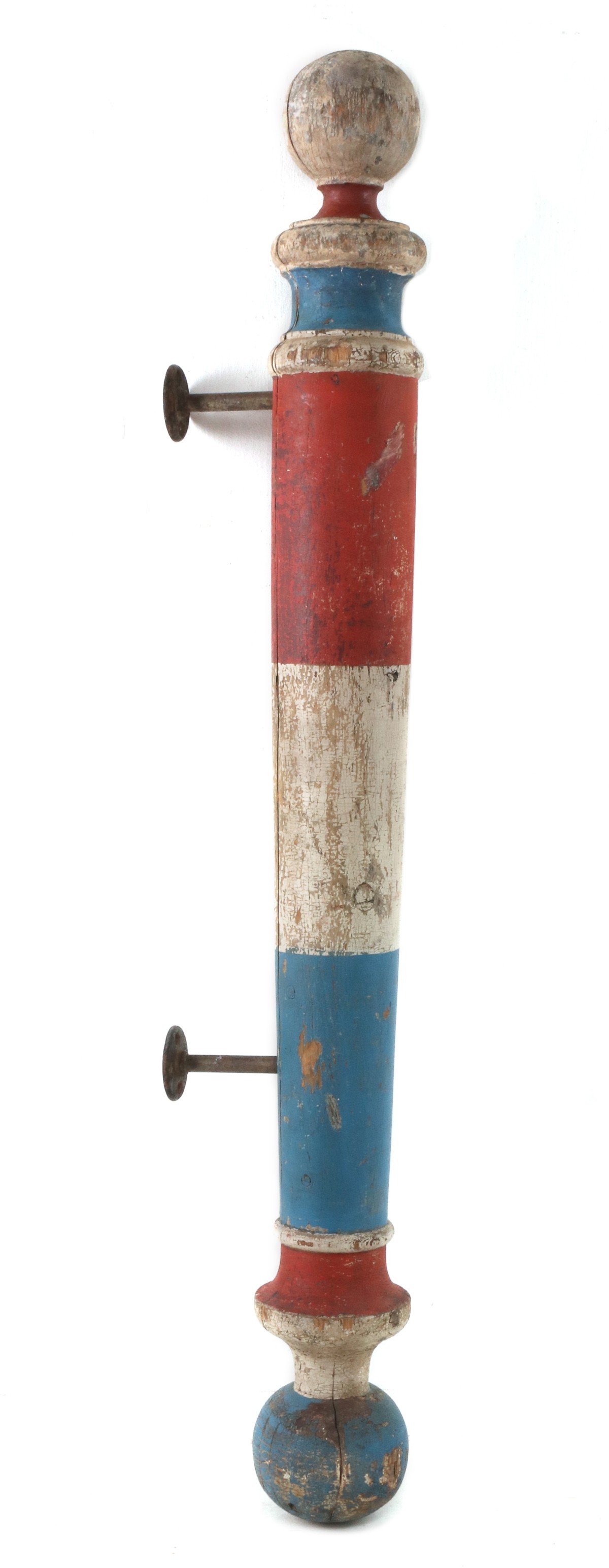 A RED, WHITE AND BLUE 19TH C. WALL MOUNT BARBER POLE