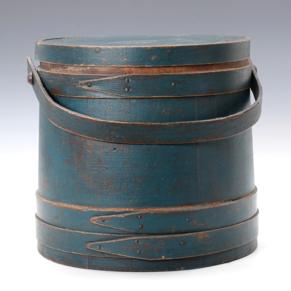 A 19TH CENTURY FIRKIN IN ORIGINAL BLUE MILK PAINT