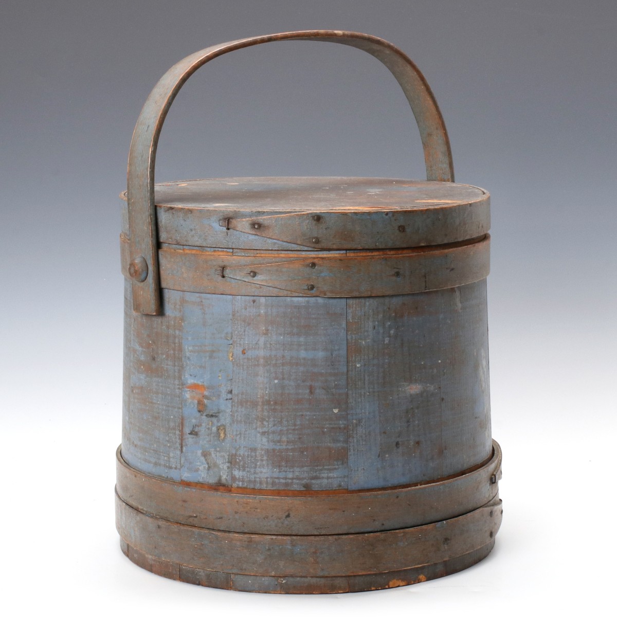 A 19TH CENTURY FIRKIN IN ORIGINAL ROBIN'S EGG BLUE PAIN